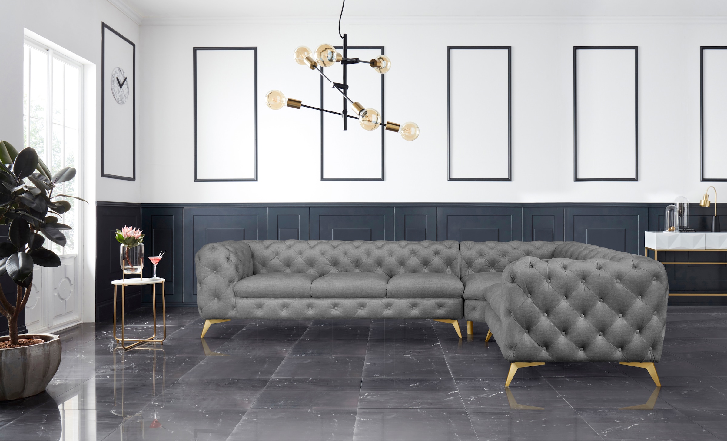 Leonique Chesterfield-Sofa »Ecksofa GLYNIS L-Form mit Wellenunterfederung, Maße B/T/H 323/264/75cm«, aufwändige Knopfheftung, moderne Chesterfield Optik, Fußfarbe wählbar