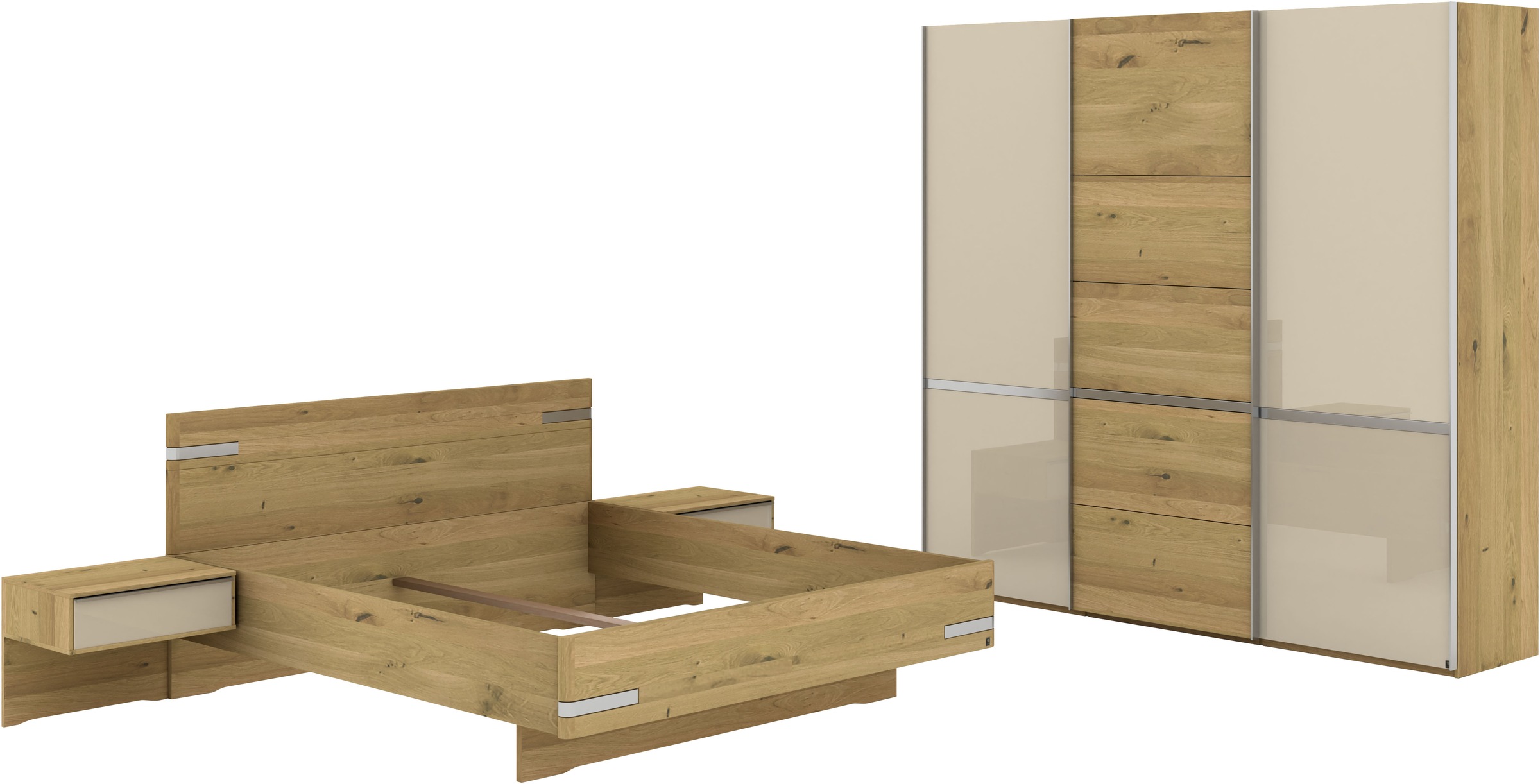 Musterring Schlafzimmer-Set »Savona, Kleiderschrank, Bett & Nachtkommoden, teilmassiv Bianco-Eiche« 2er-Set Nachtschränke, Schwebetürenschrank, Bett 180x200 cm,  Eiche- und Glastüren, Kopfteil Eiche, Konsolen Glasfront, Höhe 236cm