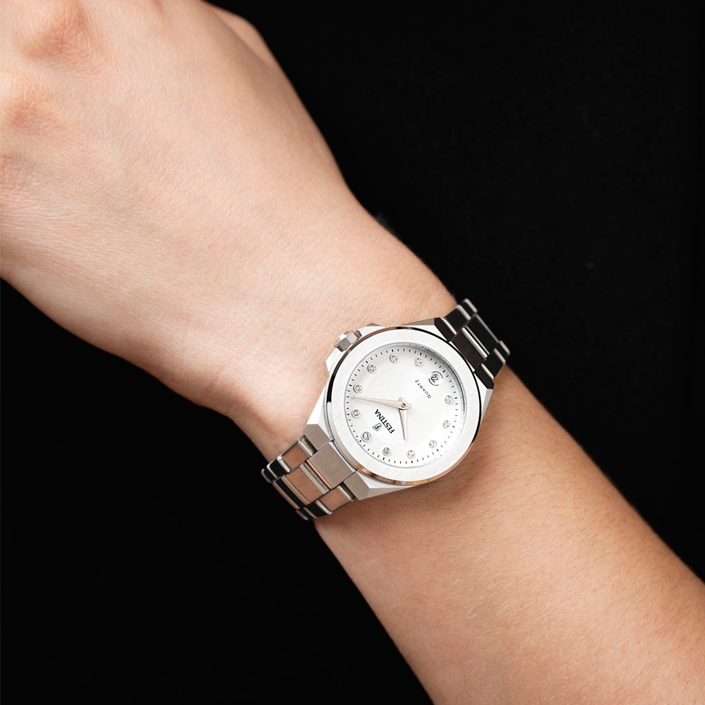 Festina Quarzuhr »Mademoiselle« Armbanduhr, Damenuhr, Edelstahlarmband, analog, Tag, Zirkonia (synth.)