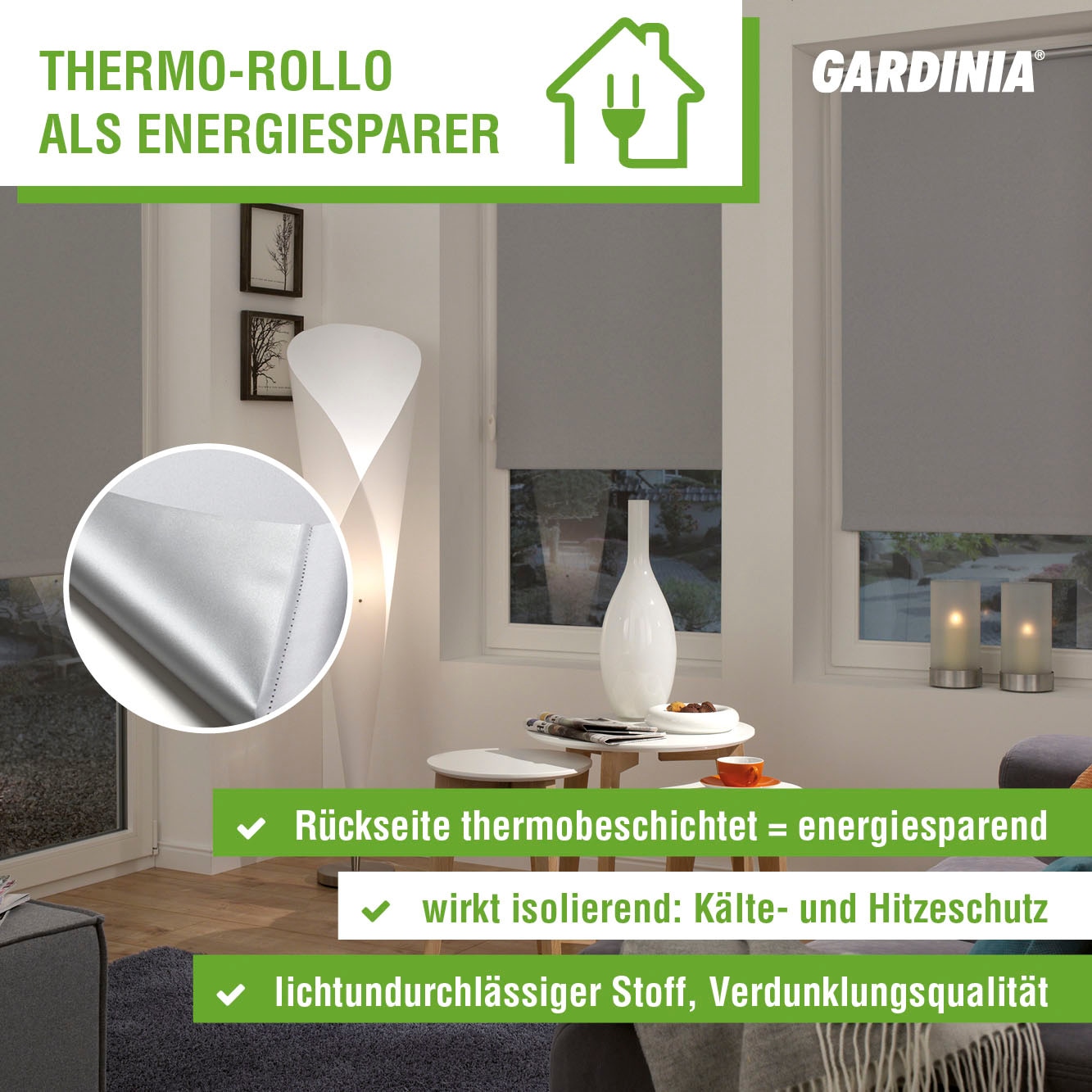 GARDINIA Seitenzugrollo »Uni-Rollo - Thermo Energiesparend«, verdunkelnd, energiesparend-Sichtschutz, mit Bohren, freihängend, Abschlussprofil in weiß