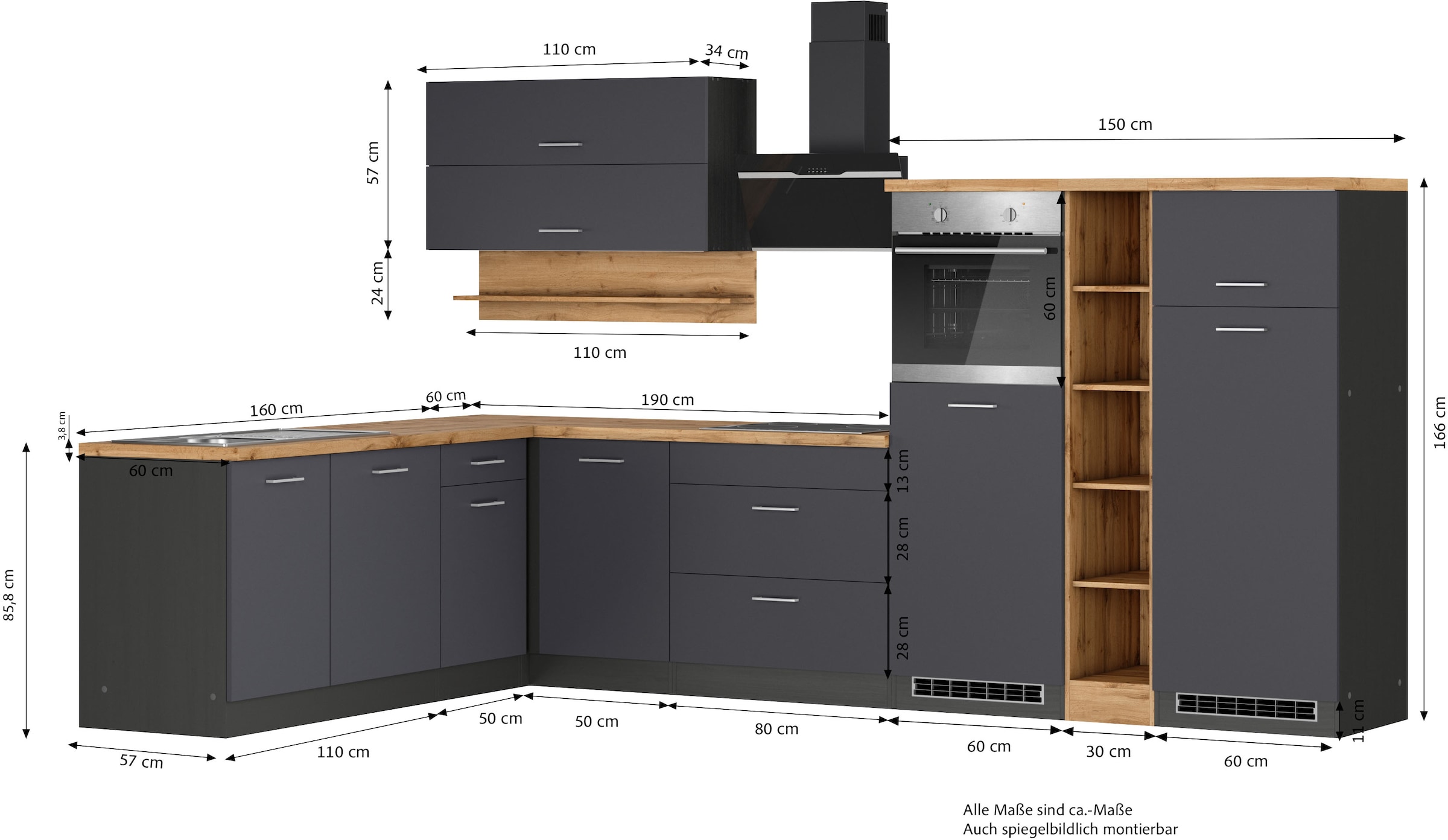 KOCHSTATION Winkelküche »KS-Milan« Stellbreite 340/220 cm, viel Stauraum, wahlweise mit E-Geräten