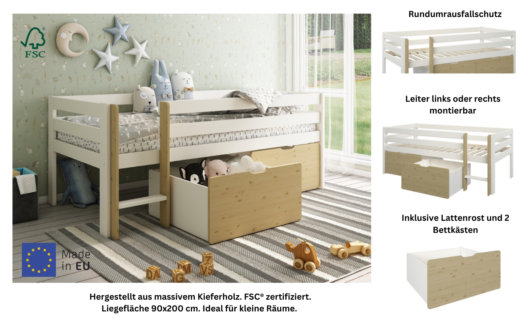 OTTO home Kinderbett »Tide, maximaler Stauraum durch Schubkästen, Massivholz« Kinderbett inklusive Lattenrost und 2 Bettkästen, 4 tlg. Hochbett mit Rausfallschutz, Made in EU