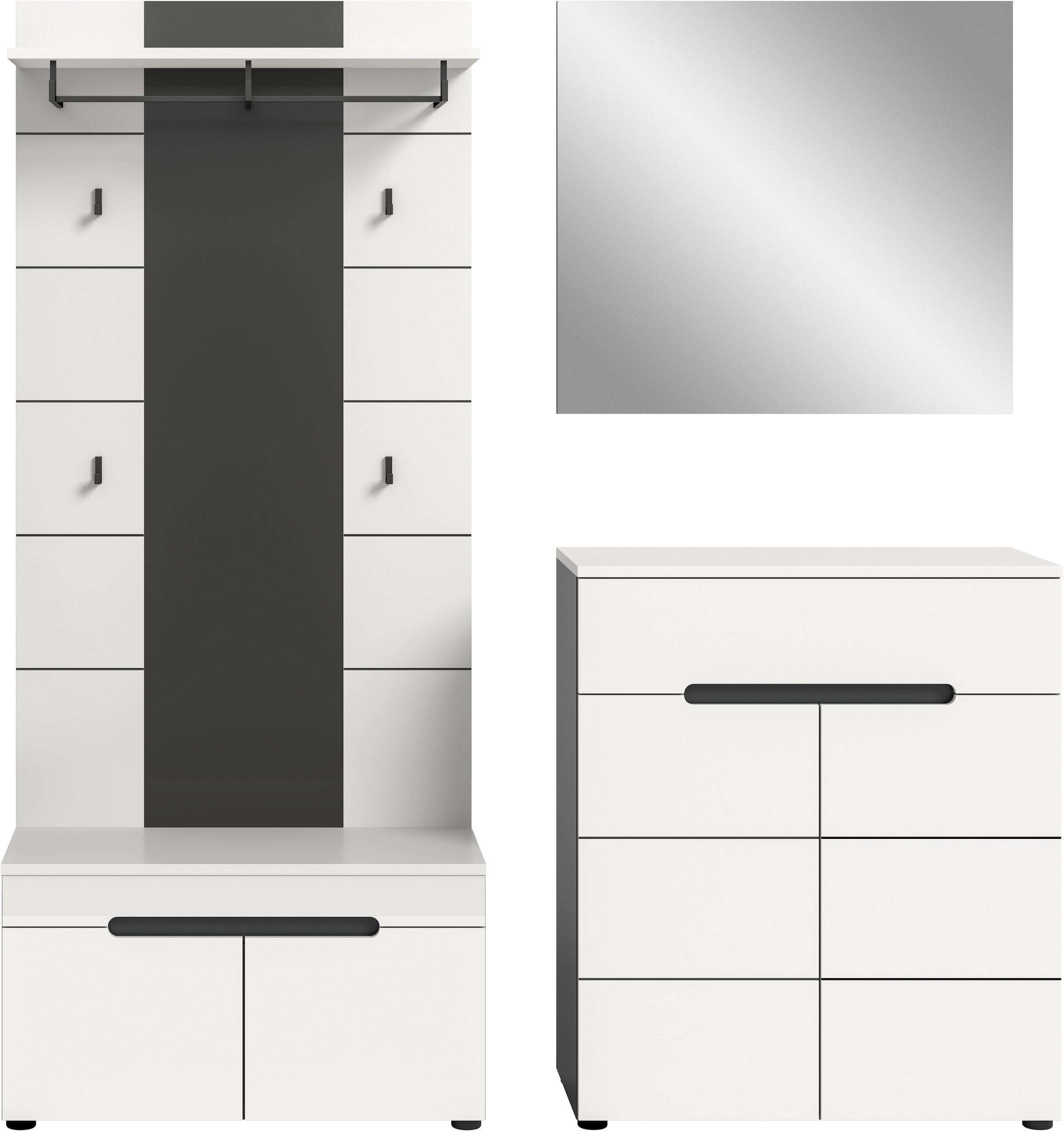 Home affaire Garderoben-Set »REHAT, TOPSELLER!, 4-teilig, Breite 175 cm, individuell erweiterbar« Set, bestehend aus: Sitzbank, Paneel, Spiegel und Kommode, 4 Stk. tlg.