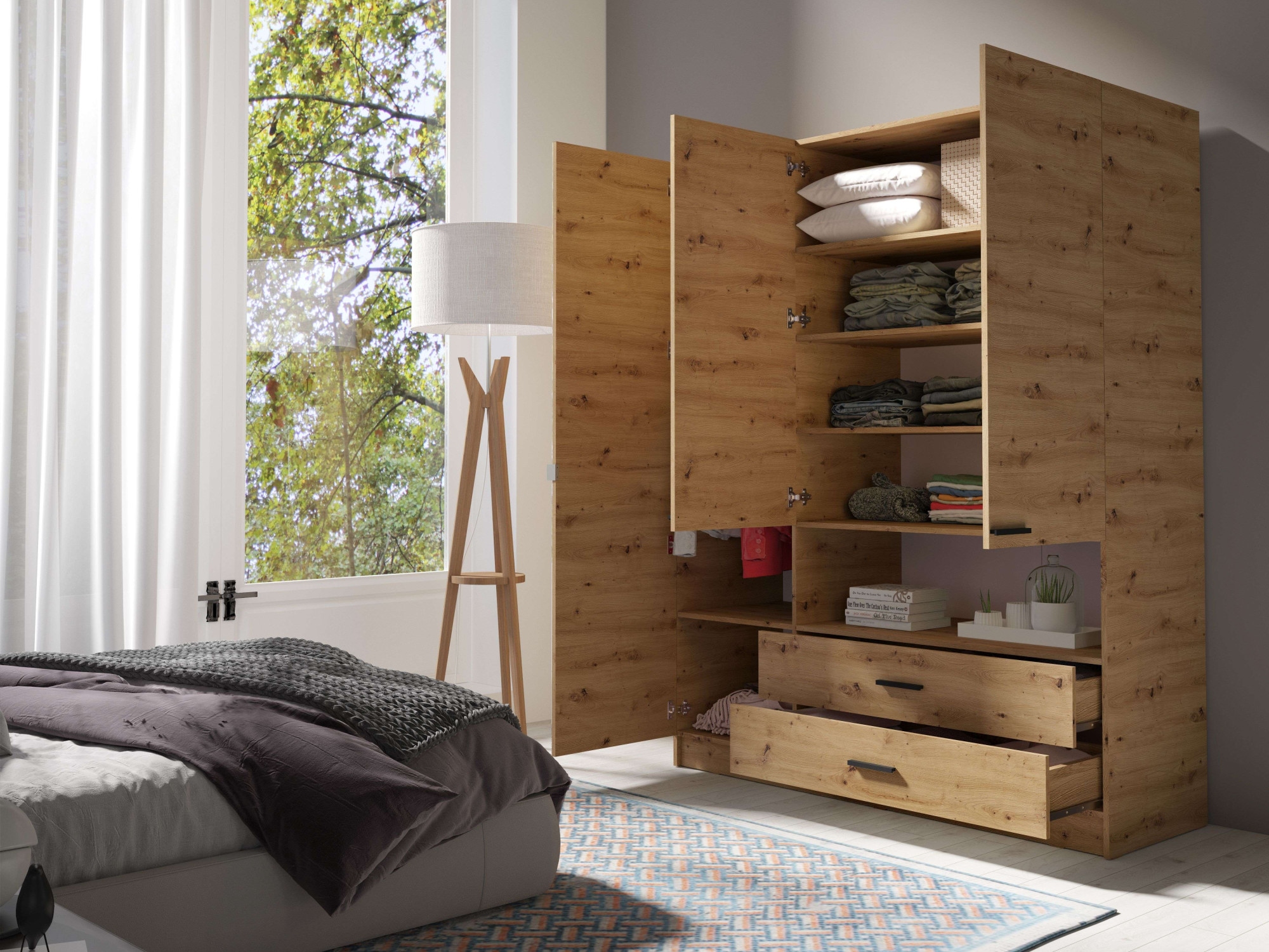 Home affaire Kleiderschrank »LAREDO Wäscheschrank komplette Innenausstattung, Maße 158,3/200,5/55cm«, Garderobe mit offenem Fach, 3 Türen und 2 Schubladen, FSC