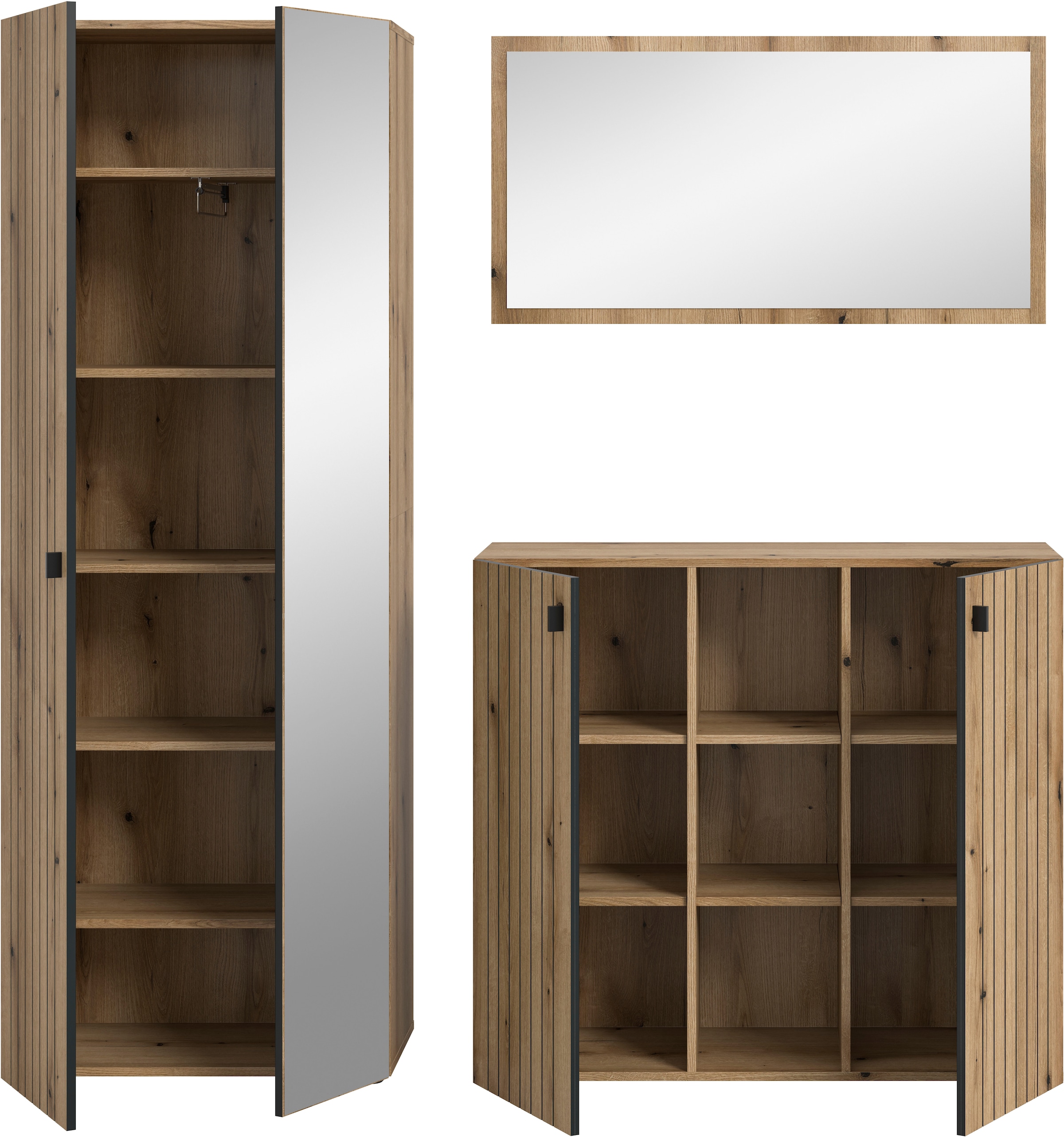 INOSIGN Garderoben-Set »TATIO, 3-tlg. Garderobenkombination, Breite: 191 cm, Rillenfräsung« Set, Set, best. aus: 1 Spiegel, 1 Garderobenschrank, 1 Schuhkommode, 3 Stk. tlg.