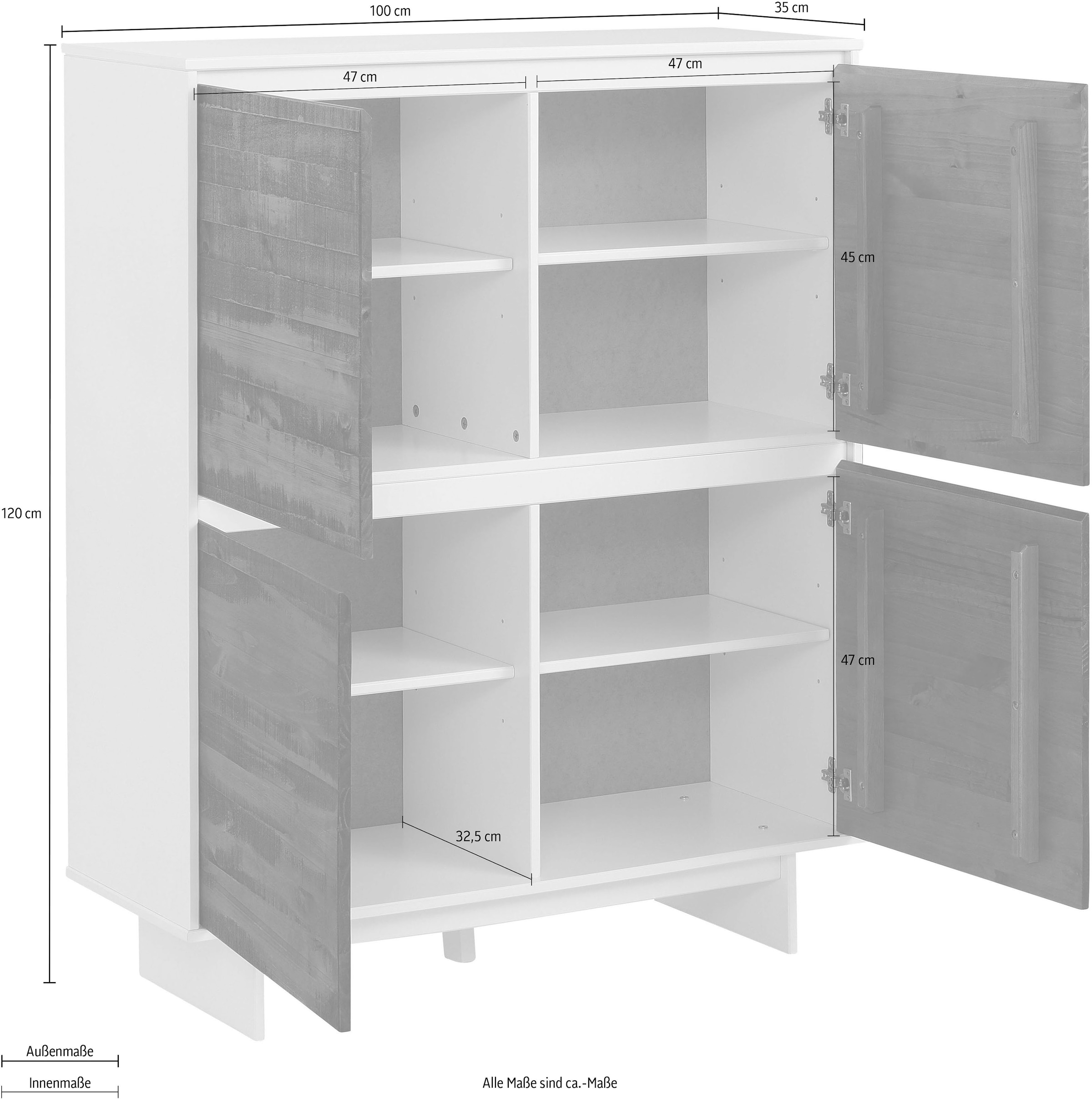 Home affaire Highboard »Morgan Midischrank Hochkommode«, aus massivem Kiefernholz, mit eingefrästen Griffmulden, Breite 120 cm