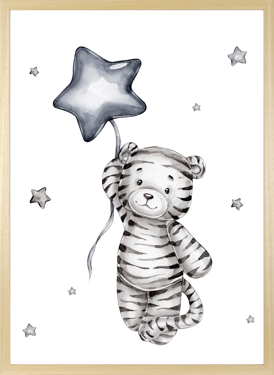 queence Bild mit Rahmen »Kleiner Tiger mit Ballon«, Bilder vom Sternenhimmel-Himmel-Himmelsbilder-Leopard-Luftballon-Stern-Sterne-Tiere, (1 St.), HD Premium Posterdruck mit Echtholzrahmen