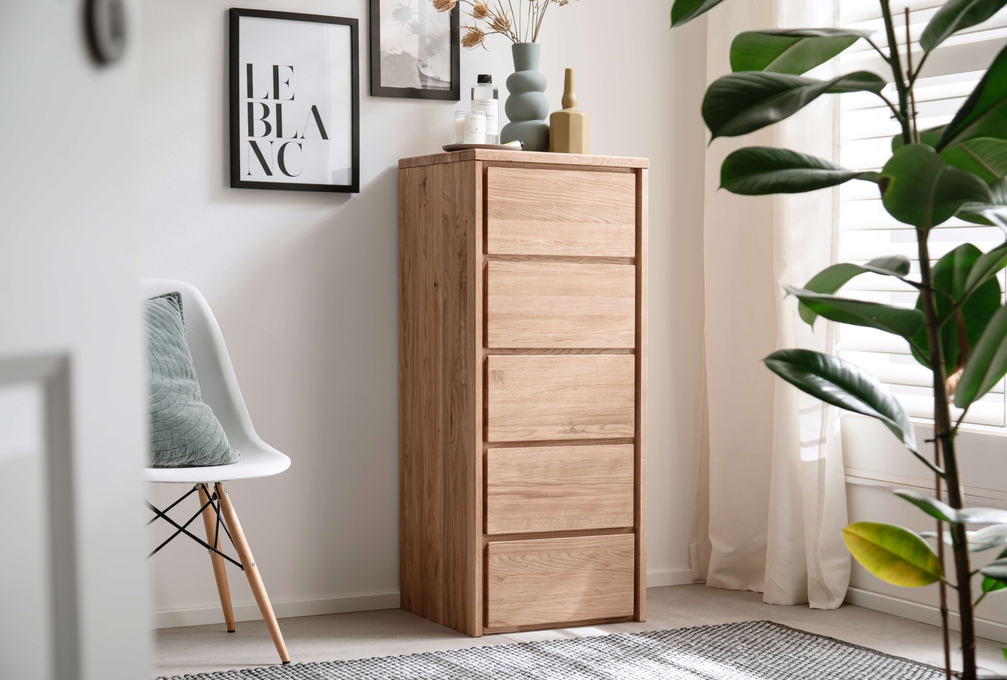 Home affaire Schubkastenkommode »Zetra Hochkommode, 5 Schubladen/1 Tür mit Soft-Close-Function«, Fertig montiert, Eiche Massivholz, Breite 47 cm