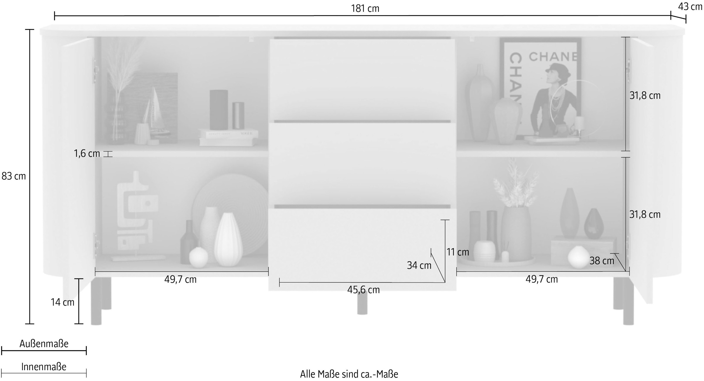 OTTO home Sideboard »Lido, 181 cm breit, 2 Türen, 3 Schubkästen, Kommode, Stauraumschrank« Formgebogenes MDF, Stirnseiten mit Rundung, Push-to-open, Metallfüße