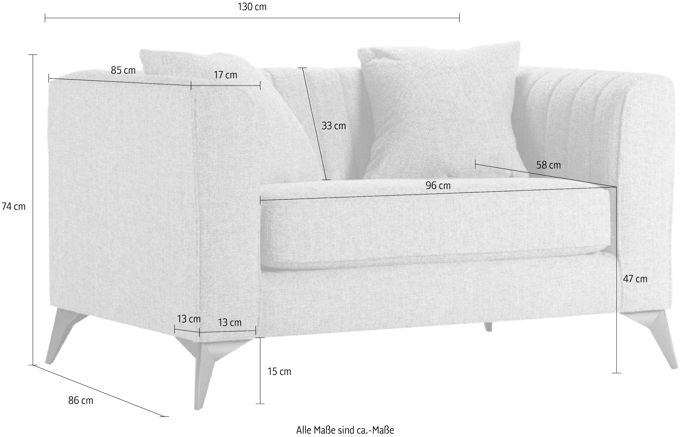Places of Style Loveseat »MATTHEW Loungesessel, Maße B/T/H: 130/86/74 cm«, incl. Zierkissen, feine Steppung im Rücken, belastbar bis 200kg