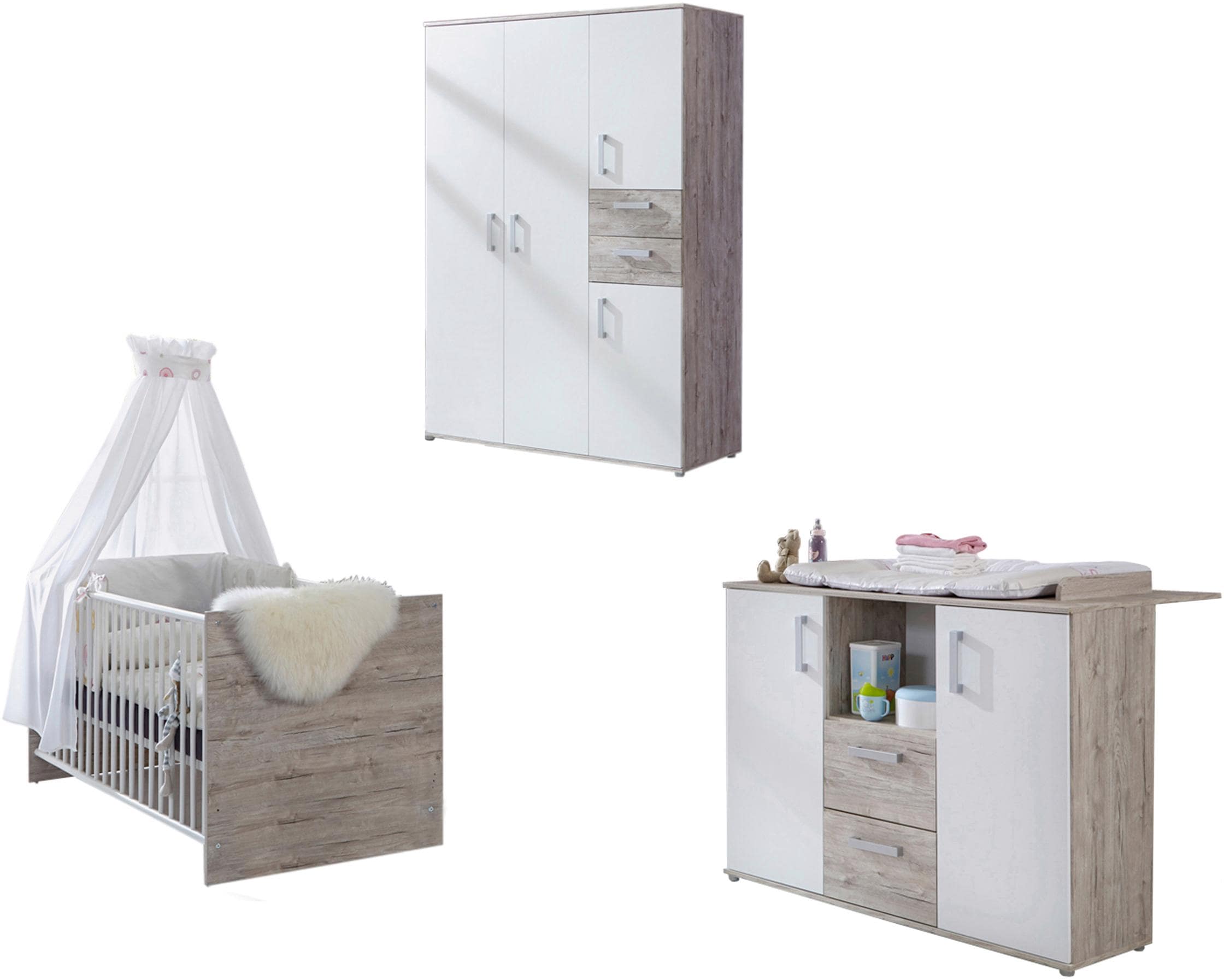 arthur berndt Babyzimmer-Komplettset »Bente«, (Set, 3 St., Kinderbett, Schrank, Wickelkommode), Made in Germany; mit Kinderbett, Schrank und Wickelkommode