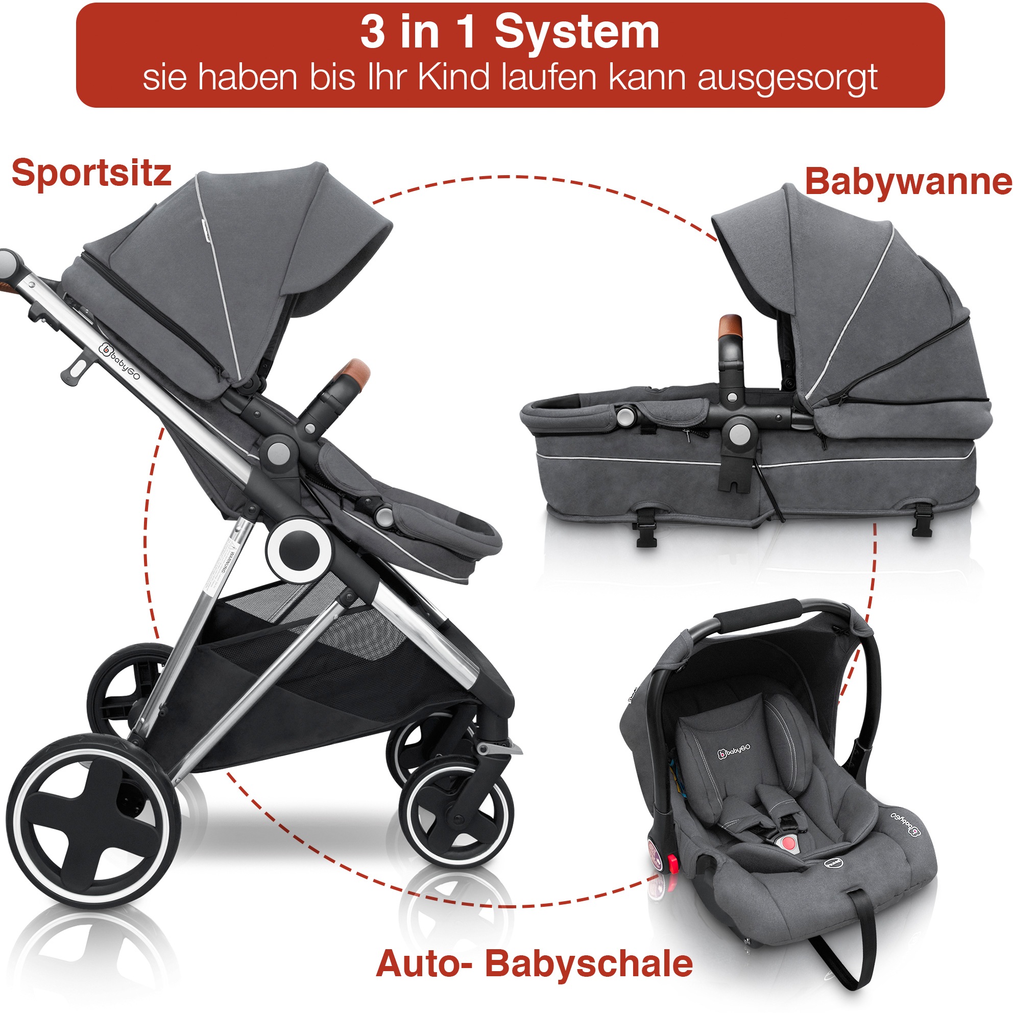 BabyGo Kombi-Kinderwagen »Halime 3in1, Grey Silver«, inklusive Babywanne, Babyschale, Regenhaube & Wickeltasche