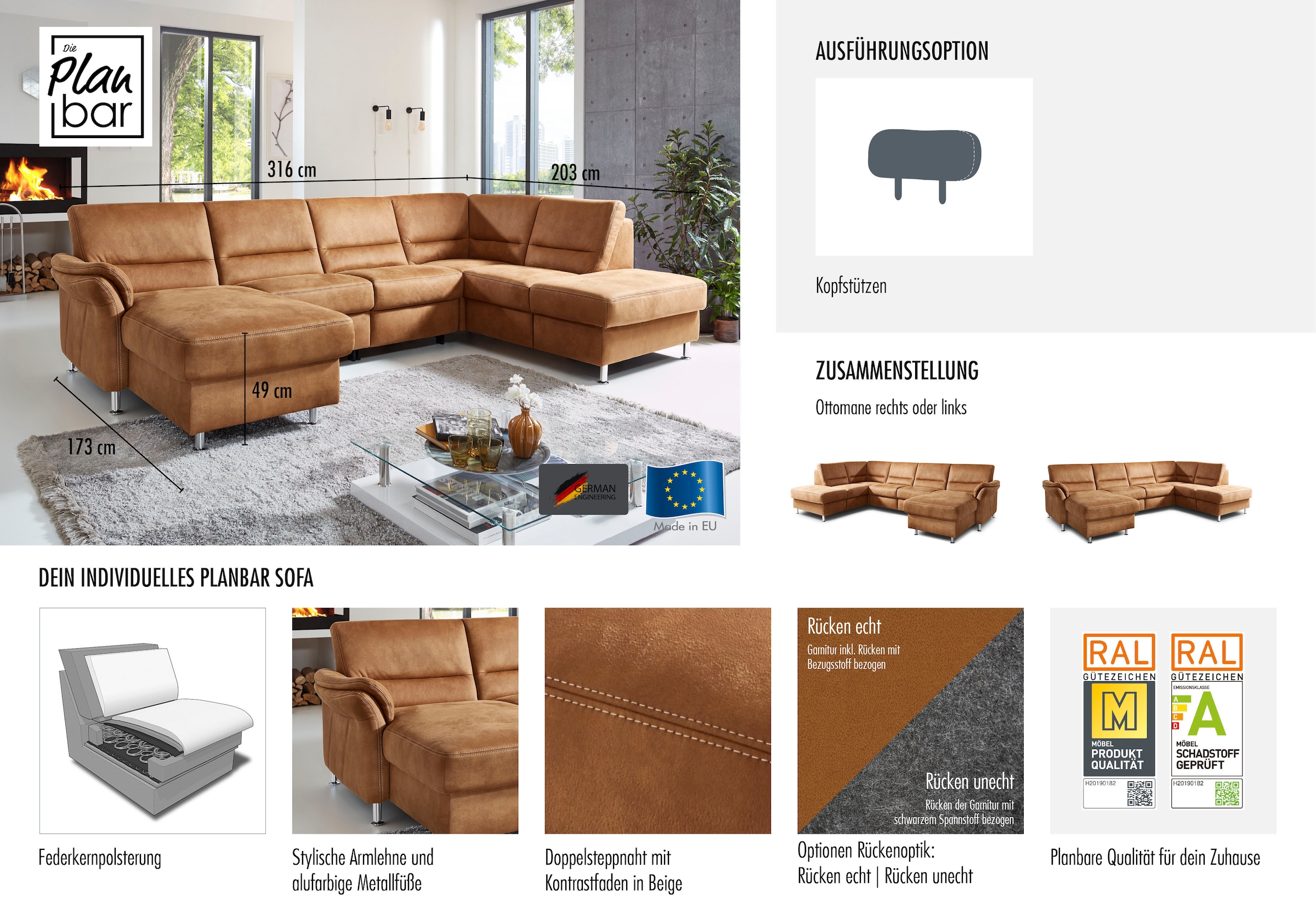 Die PlanBar Wohnlandschaft »ZE-EM16033 U-Form, Breite 316 cm« wahlweise mit Kopfstützen und echt bezogenem Rücken