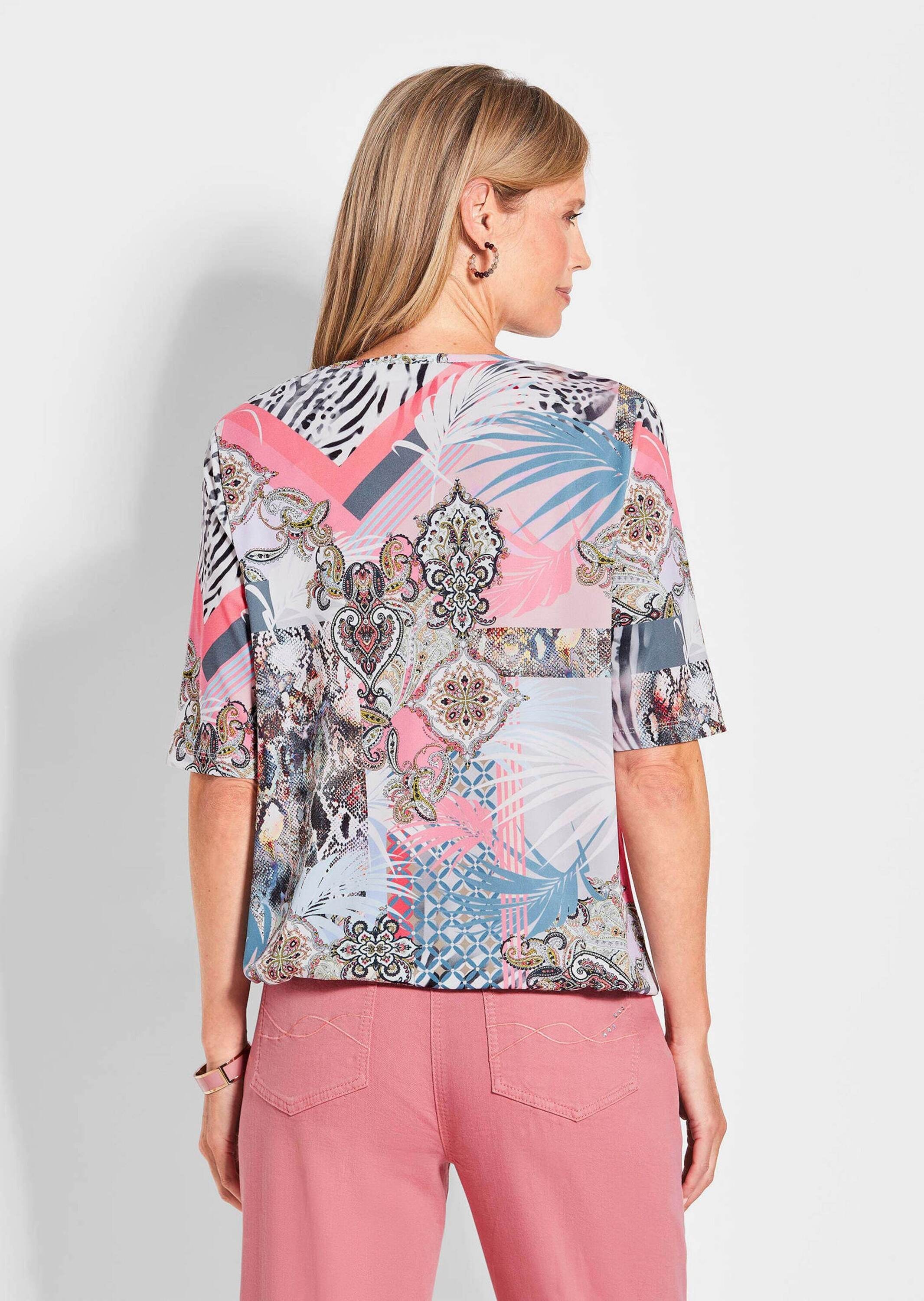GOLDNER Print-Shirt »Kurzgröße Elegantes Oberteil mit Wasserfallausschnitt« Gummibund