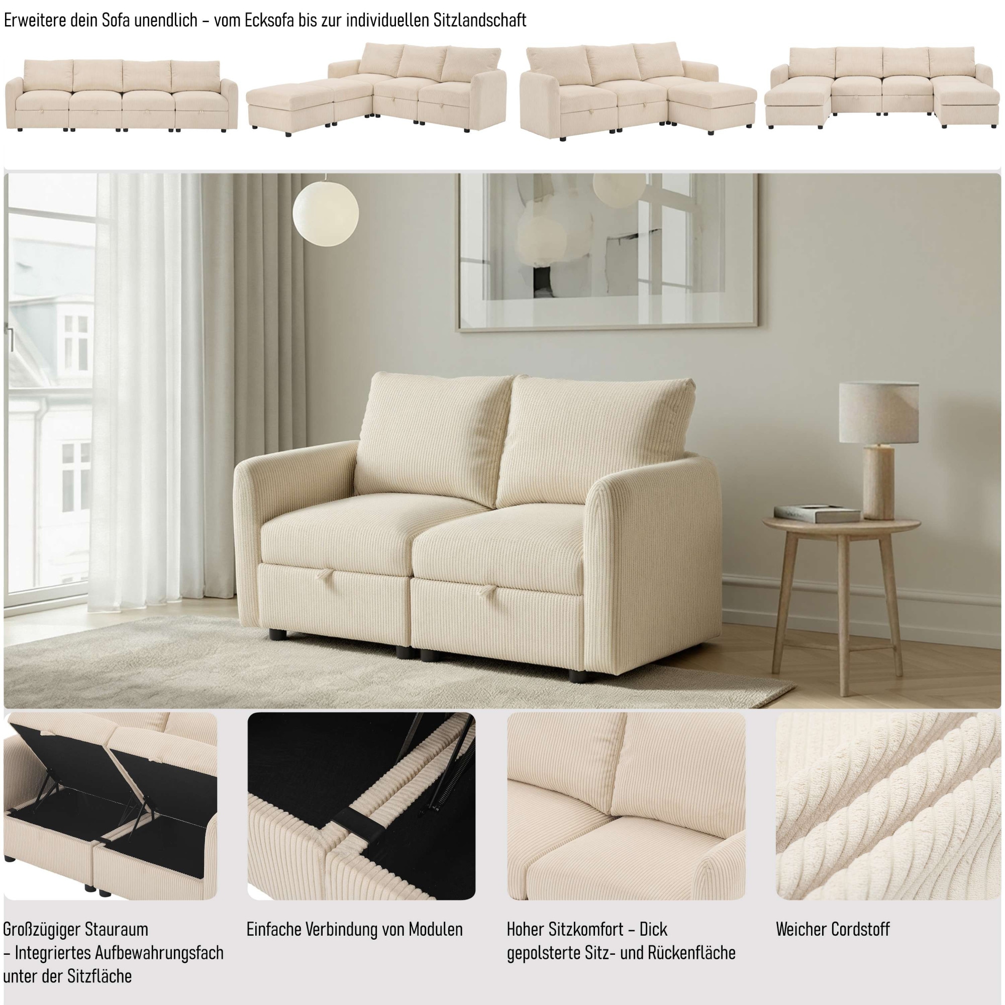 Dorel Home 2-Sitzer »STILHUS Modularsofa mit Stauraum, Breite 155 cm, Cord-Bezug« als Modul oder separat verwendbar - individuell kombinierbar
