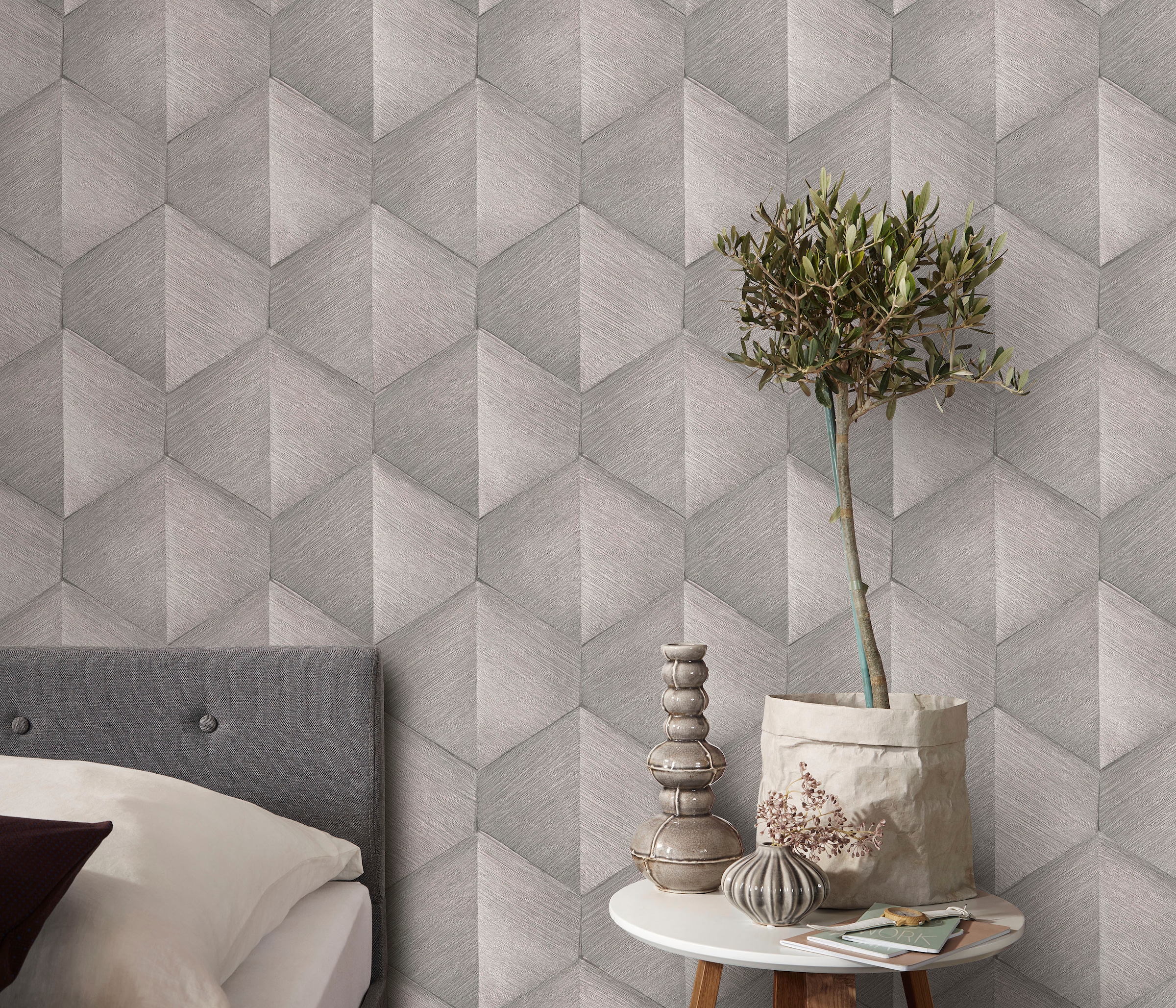 Erismann 3D Hexagon Waves Fashion for Walls by Guido Maria Kretschmer Wallpaper in Grey