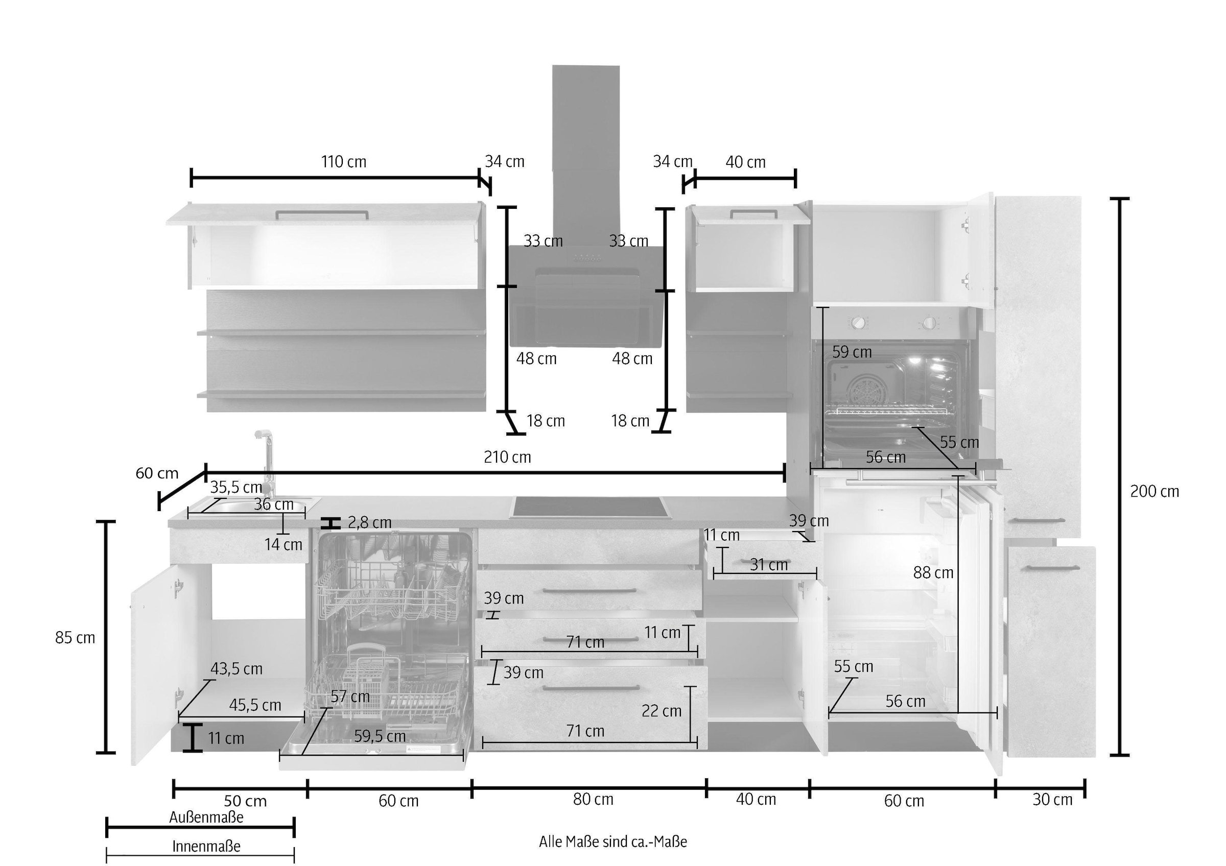 KOCHSTATION Küchenzeile »KS-Tulsa«, mit E-Geräten, Breite 320 cm, schwarze Metallgriffe, MDF Fronten