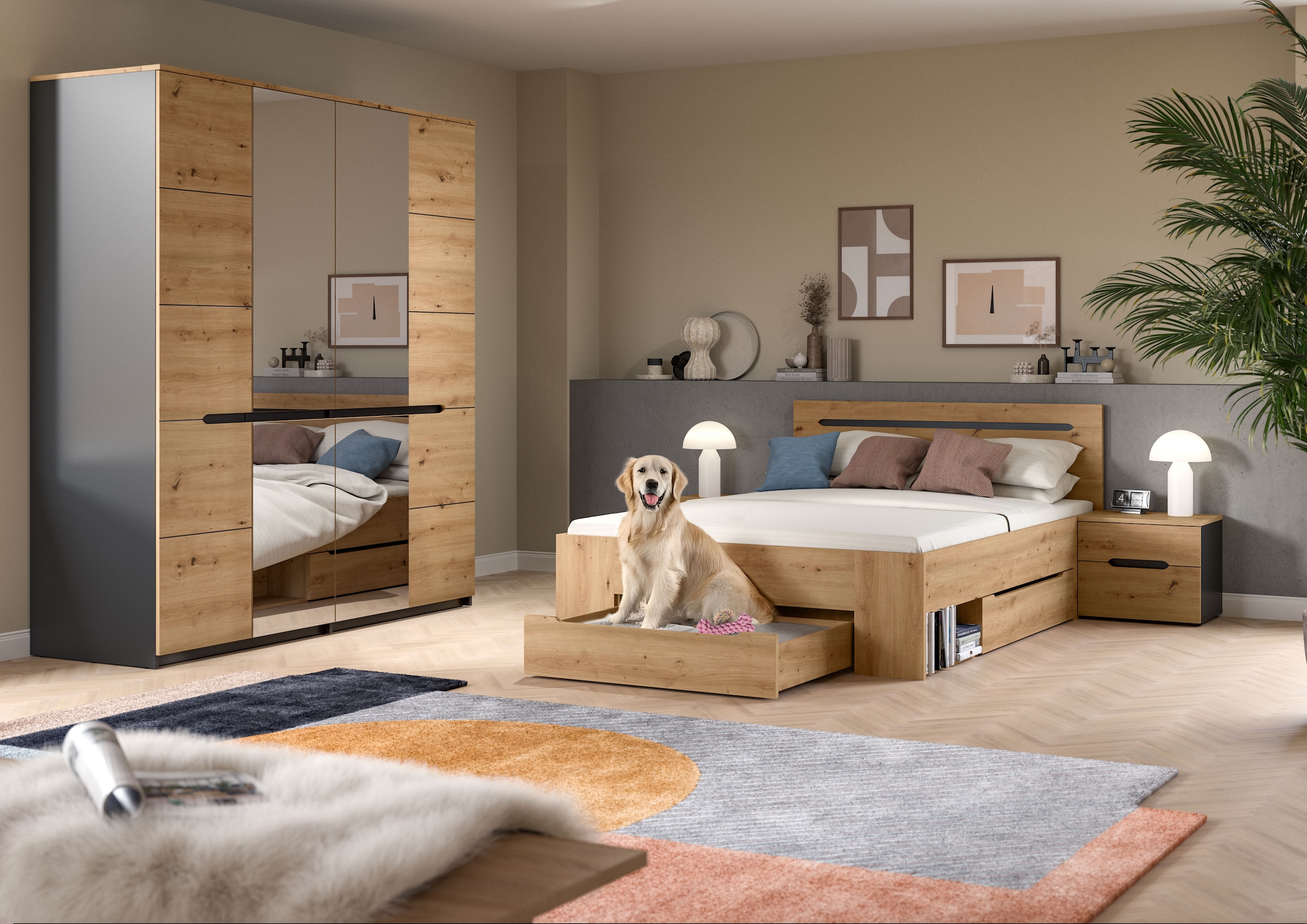 Home affaire Schlafzimmer-Set »REHAT, 4-teilig, best. aus: Bett, Kleiderschrank & 2x Nachtkommode«