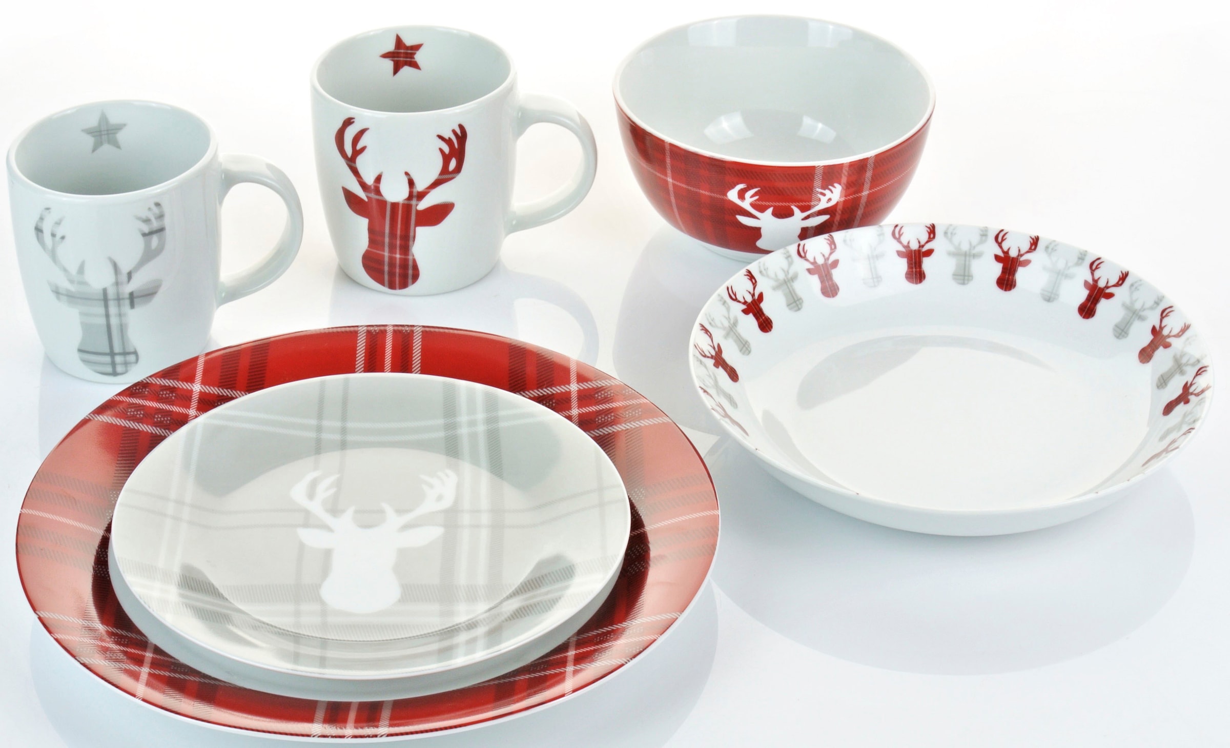 Retsch Arzberg Kombiservice »Geschirr-Set, Service HIGHLAND STAG, Winter, Advent, Weihnachten« Hirsch trifft Schottenkaro, 30 Teile, für 6 Personen