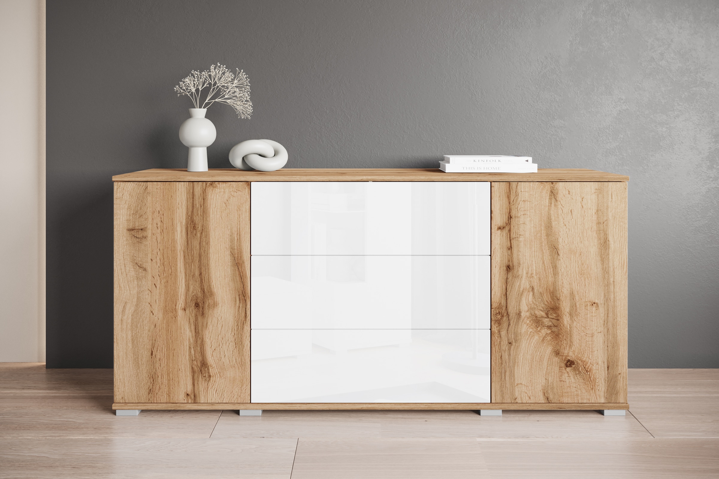 INOSIGN Sideboard »Kenia«, (1 St.), Modernes Sideboard mit 3 Schubladen und 4 Fächern, Breite 150 cm