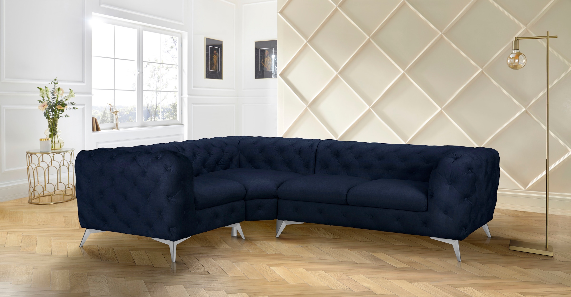 Home affaire Chesterfield-Sofa »Ecksofa GLYNIS L-Form mit Wellenunterfederung, Maße B/T/H 264/204/75cm« aufwändige Knopfheftung, moderne Chesterfield Optik, Fußfarbe wählbar
