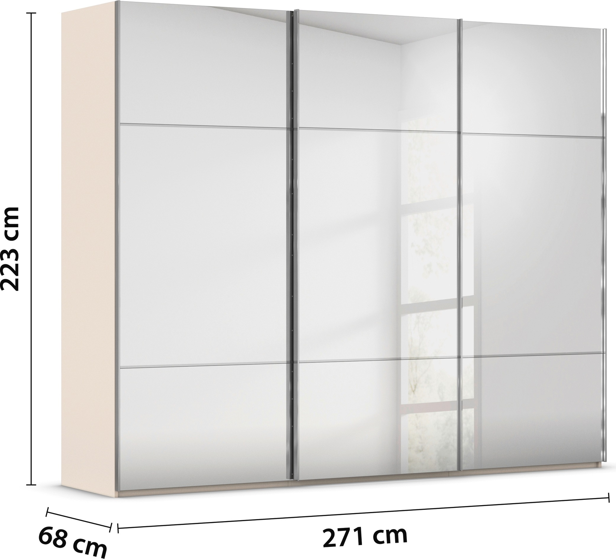 rauch Schwebetürenschrank »Kleiderschrank Schrank Garderobe Schlafzimmerschrank SCALE-TRIO«, edle dreigeteilte Front mit 2 Zierleisten Spiegelfront MADE IN GERMANY