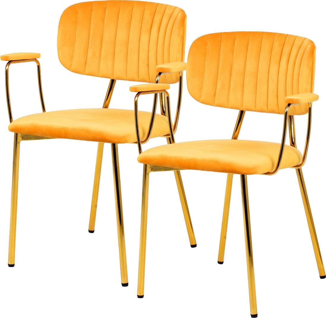 Kayoom Polsterstuhl »Stuhl Giselle 225 2er-Set, Gestell aus Edelstahl« (Set) 2 Stk.mit Armlehnen, goldenes Gestell aus Edelstahl, Samtbezug, Ziernähte
