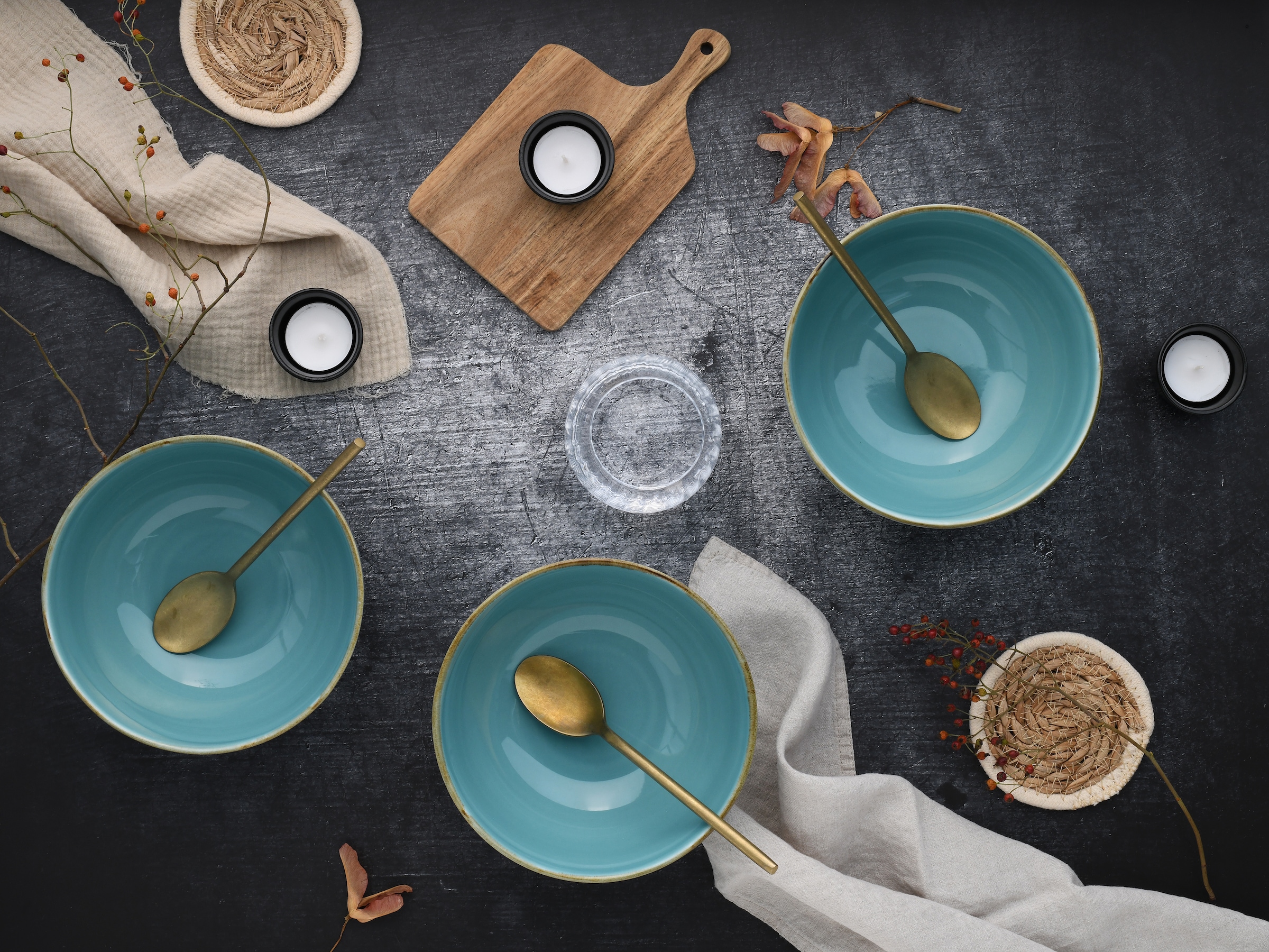 CreaTable Schale »Nature Collection, Buddha Bowl 4-tlg« 4 Stk. aus Steinzeug Handwerklicher Look, Vintage, Höhe 7,5 cm