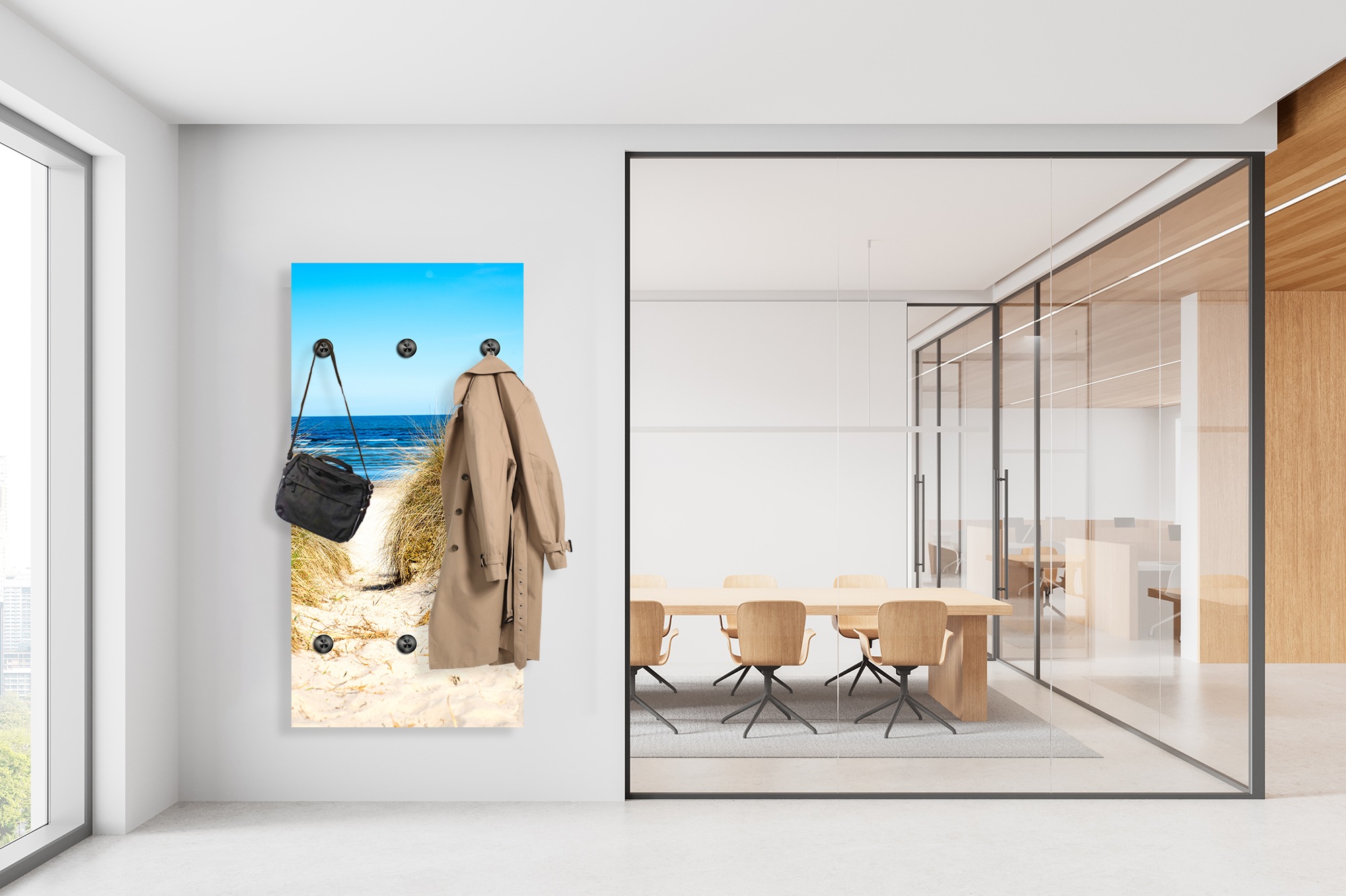 queence Wandgarderobe »Strand auf Rügen« 1 Stk. tlg. Wandpaneel aus Acrylglas inkl. 6 Edelstahlhaken in schwarz matt