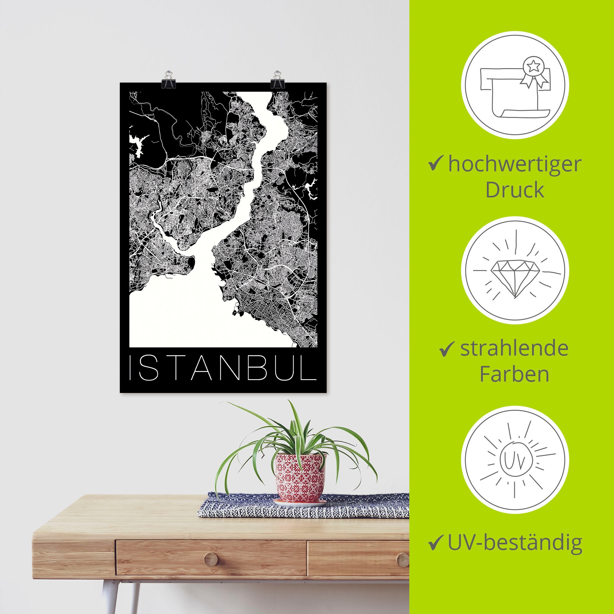 Artland Poster »Retro Karte Istanbul Schwarz & Weiß«, Landkarten, (1 St.), als Alubild, Leinwandbild, Wandaufkleber oder Poster in versch. Größen