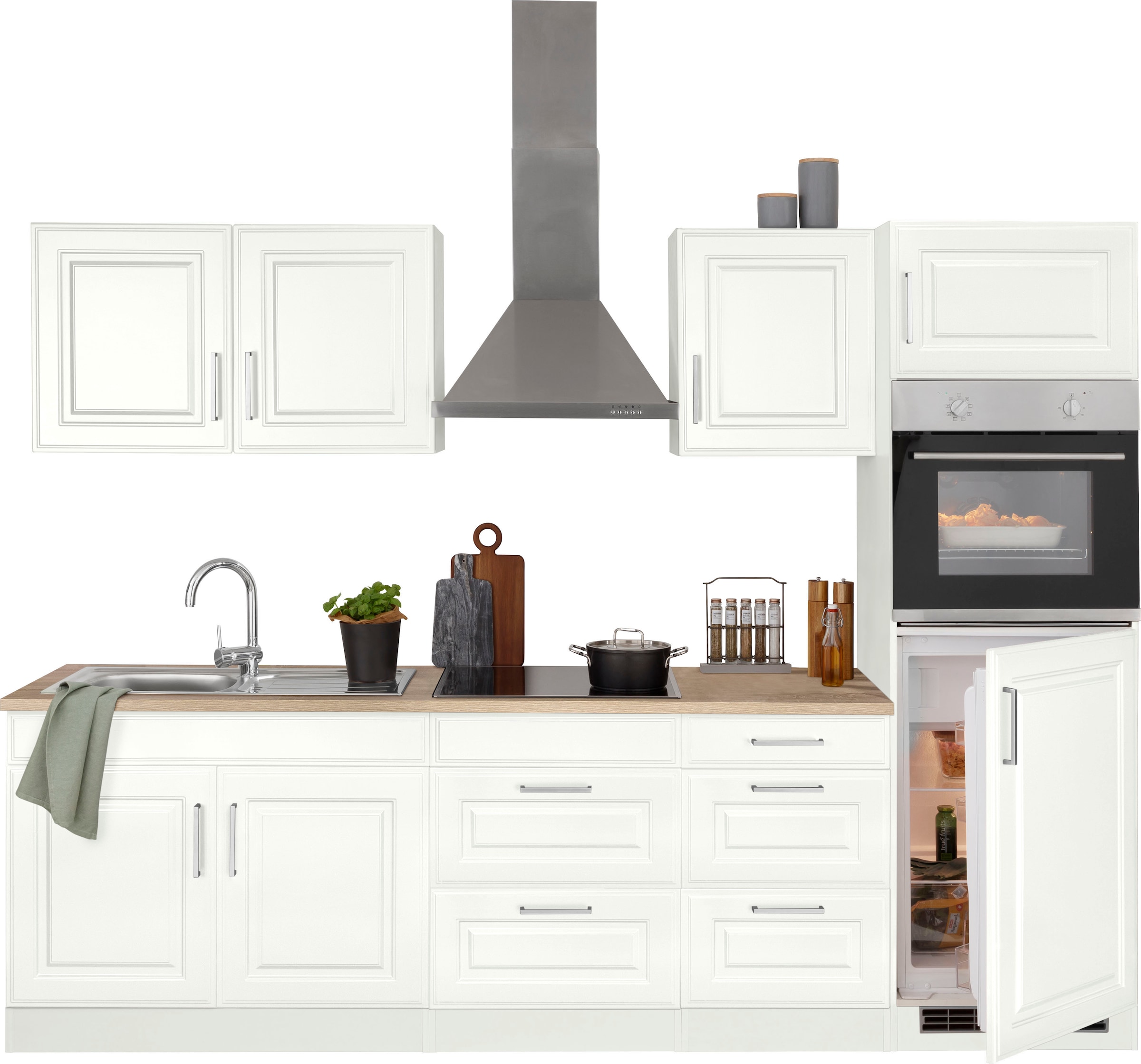 KOCHSTATION Küchenzeile »KS-Stockholm – Küche mit hochwertiger und detailreicher Landhausfront« Breite 270 cm, wahlweise mit E-Geräten,mit MDF-Fronten