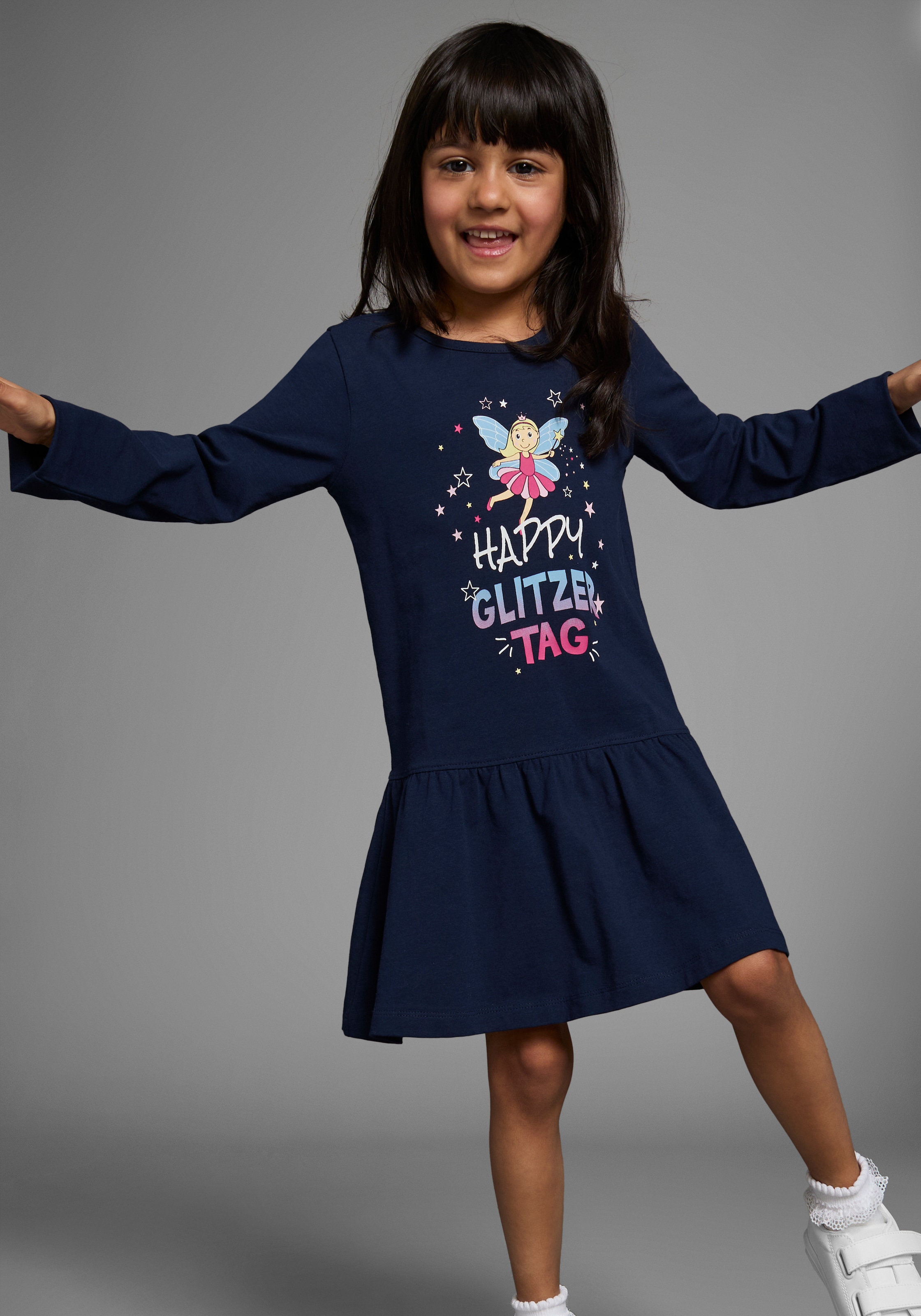 KIDSWORLD Jerseykleid »HAPPY GLITZER TAG«, kniefreie Länge, verspielter Look, aus Baumwollmischung
