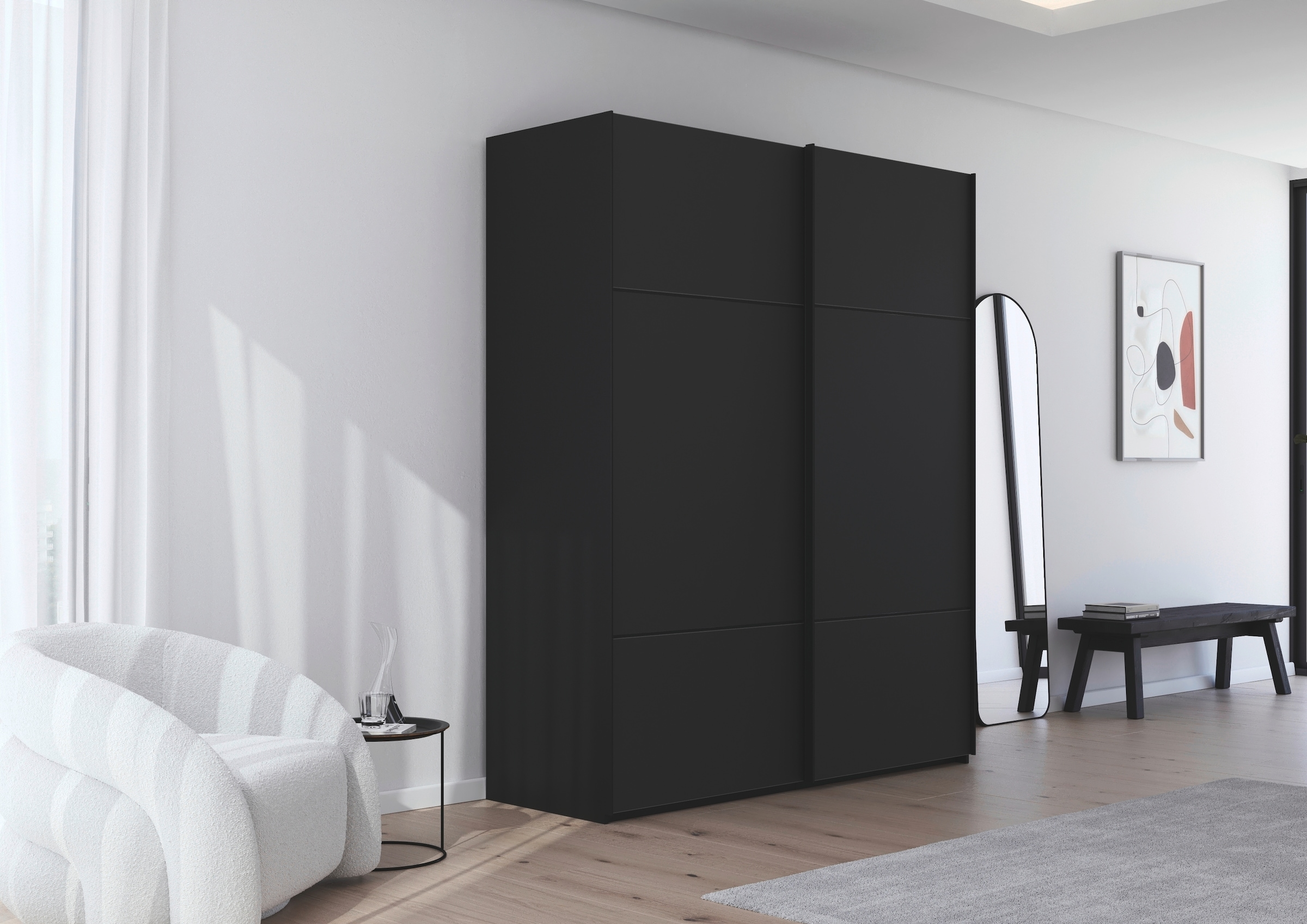 rauch Schwebetürenschrank »Kleiderschrank Schrank Garderobe Schlafzimmerschrank SCALE-TRIO«, edle dreigeteilte Front mit 2 Zierleisten Glasfront MADE IN GERMANY