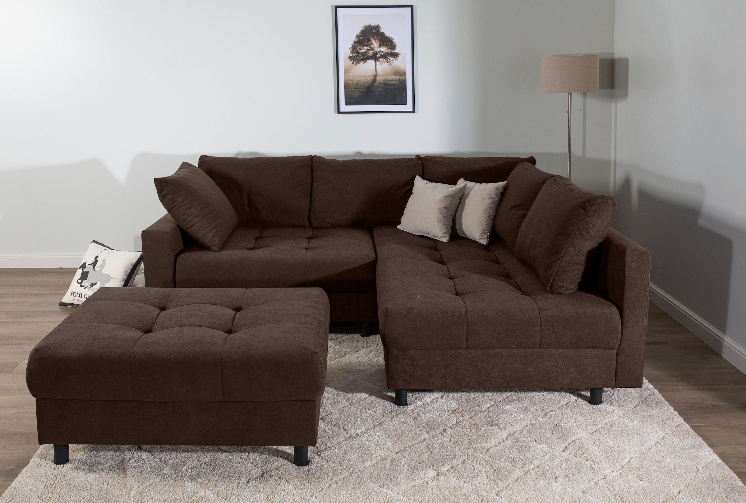 COLLECTION AB Ecksofa »Toni L-Form, B: 215 cm« mit Hocker & 2 Zierkissen, Federkern