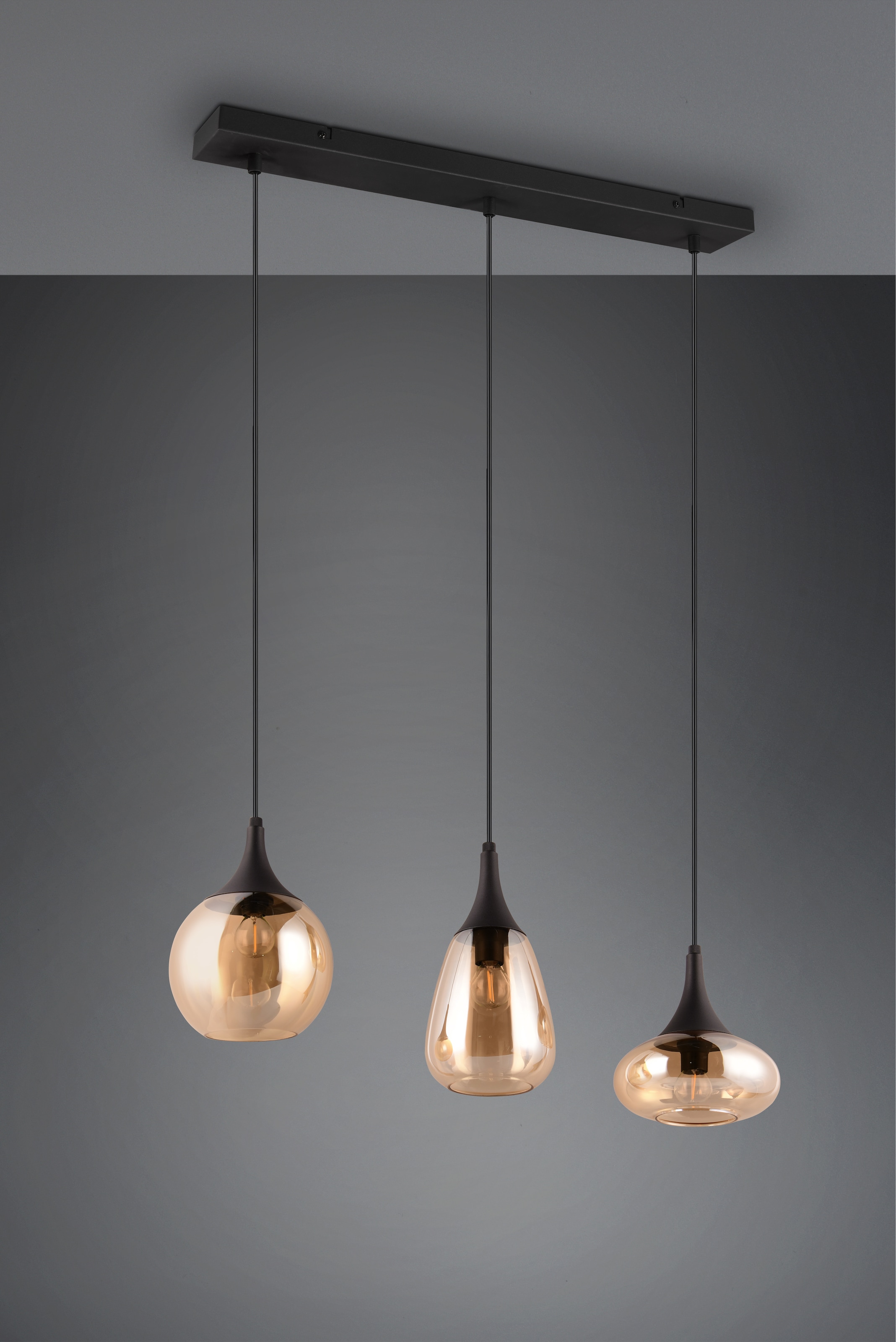 TRIO Leuchten Pendelleuchte »Lumina, E14 Hängelampe 3-flammig Glasschirme in 3 Formen amberfarbig« E14 1 Stk. warmweiß - kaltweiß exkl 3x E14 max 40W, Hängeleuchte höhenverstellbar bis max 150 cm