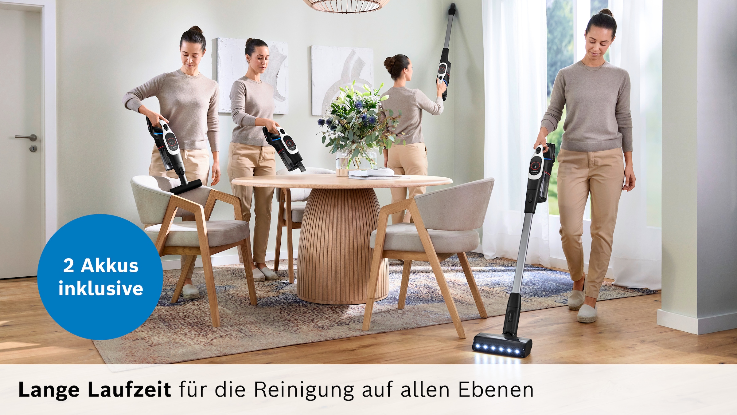 BOSCH Akku-Stielstaubsauger »Unlimited 9 BTS942WQC, MicroClean™ Technology, 10 Jahre Motorgarantie« LED-Licht, HEPA-Filtersystem, Schnellladegerät, 2 Akkus, weiß
