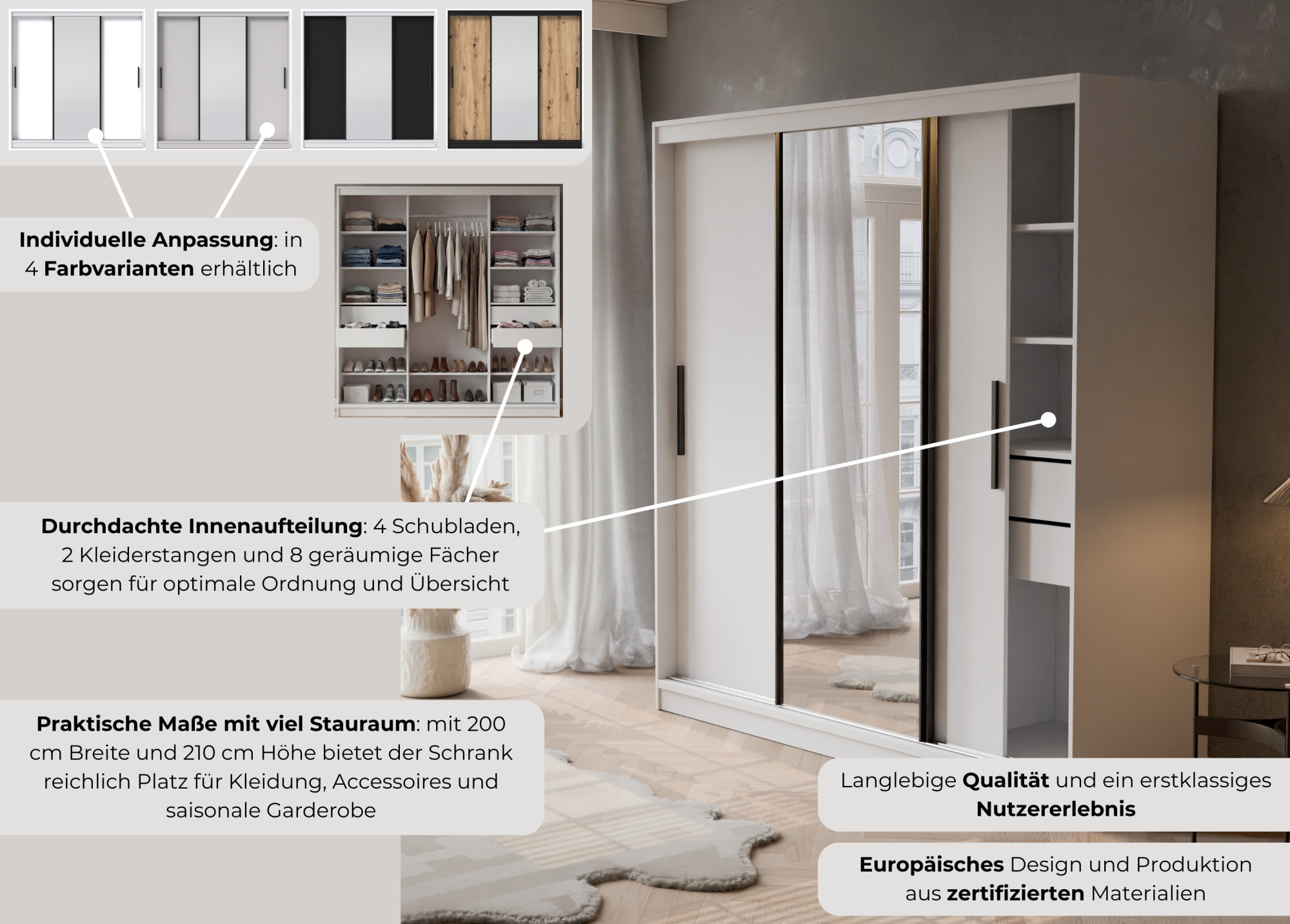 OTTO home Kleiderschrank »JORELLA,  Schwebetürenschrank, Stil trifft Qualität und Funktion« H/B/T ca. 210/200/59 cm,  3 Türen, schwarz abgesetzt, viel Stauraum, Spiegel