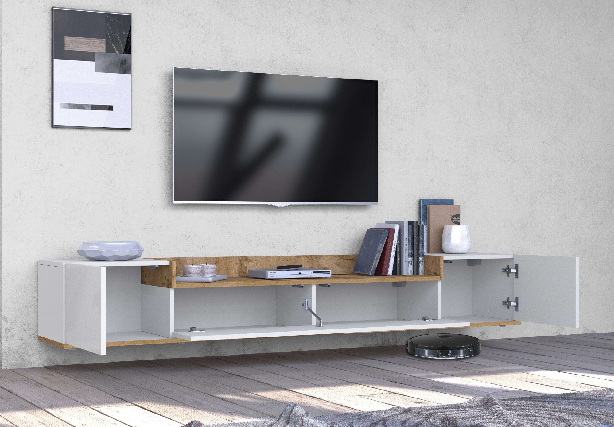 OTTO home Lowboard »BOLSENA,TV-Kommode, TV-Möbel,TV-Bank, 4 Fächer und offenes Ablagefach« 1 Stk. tlg. Breite 200 cm,stehend/hängend,Fronten Hochglanz lackiert,Made in Italy