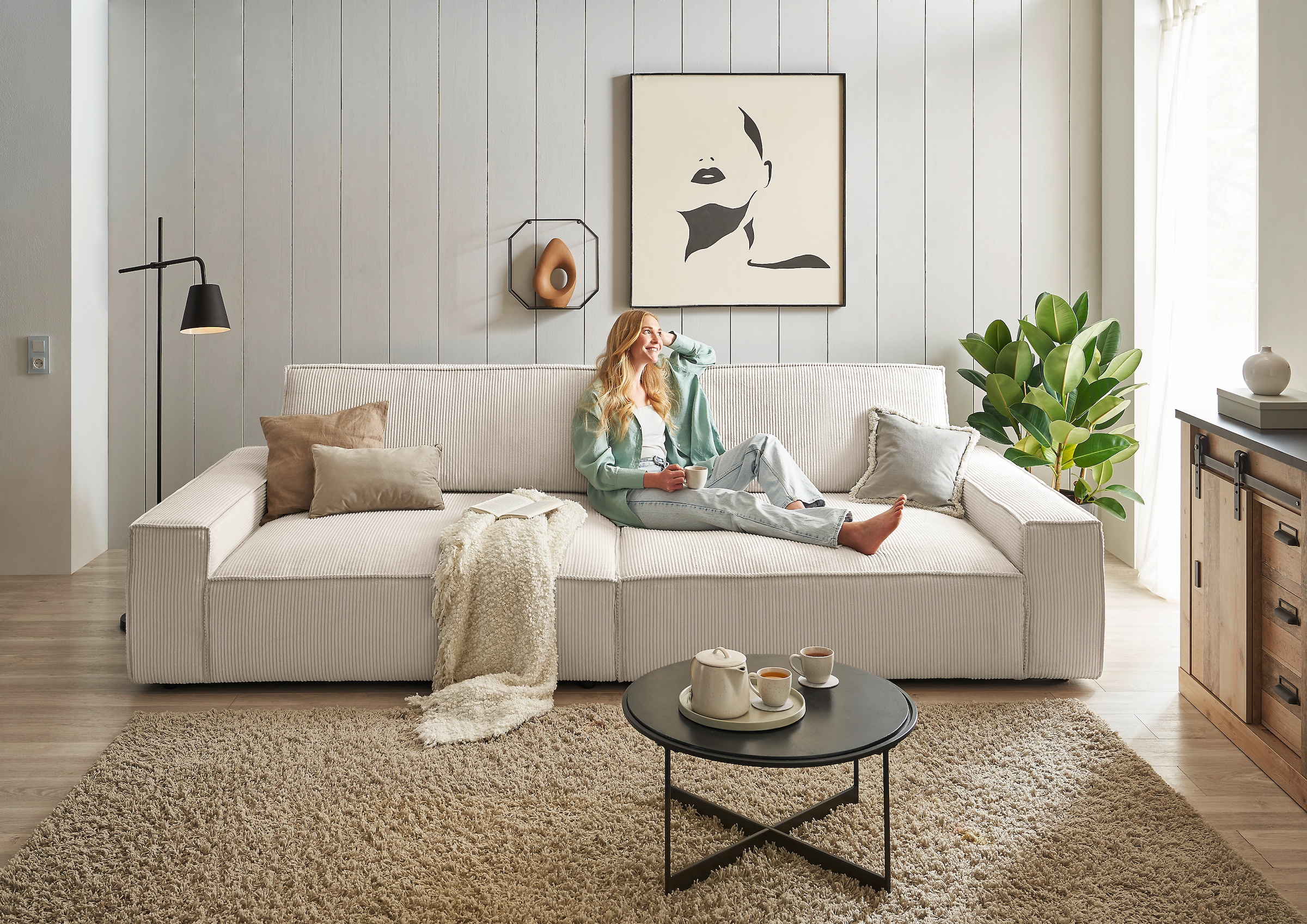 Home affaire Big-Sofa »NEU: SHERWOOD XXL, Big-Sofa (316cm), extra tiefe Sitzfläche 95 cm«, bequemer Sitzkomfort, Cord u. Leinenoptik, Kedernaht