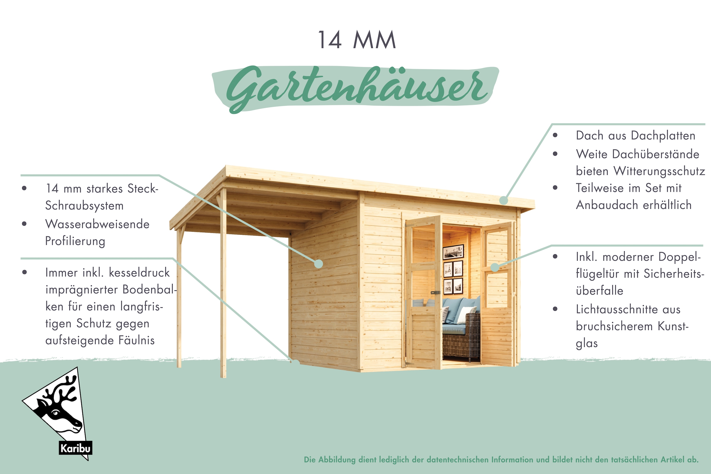 Karibu Gartenhaus »»Merseburg 5« vorvergraut mit Anbaudach« aus Fichtenholz, farbig lasiert