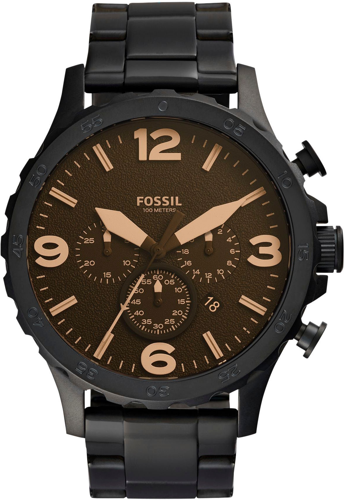 Fossil Chronograph »NATE«, Quarzuhr, Armbanduhr, Herrenuhr, Stoppfunktion, Edelstahlarmband,Datum