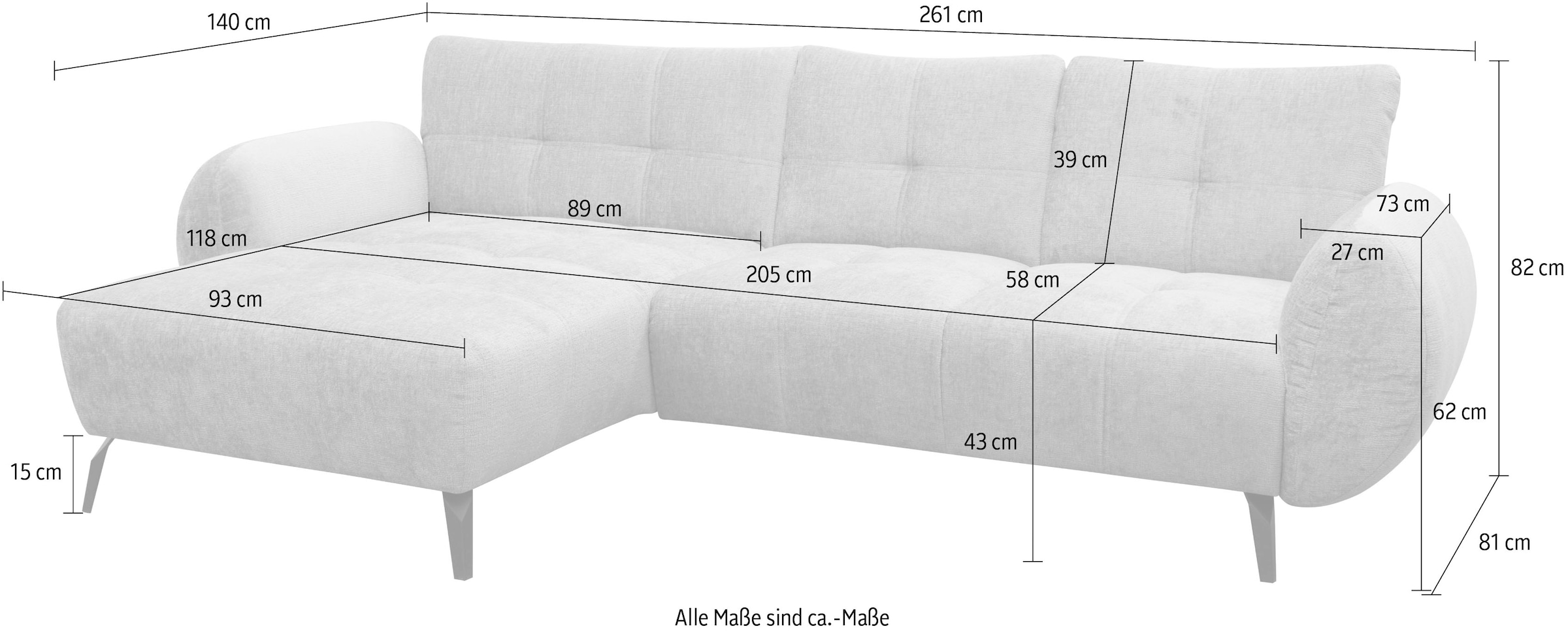 OTTO home Ecksofa »Viborg 261 x 140 cm, mit Steppungen, elegant, modern« L-Form, pflegeleichter Bezug, hohe Füße - passend für Saugroboter!