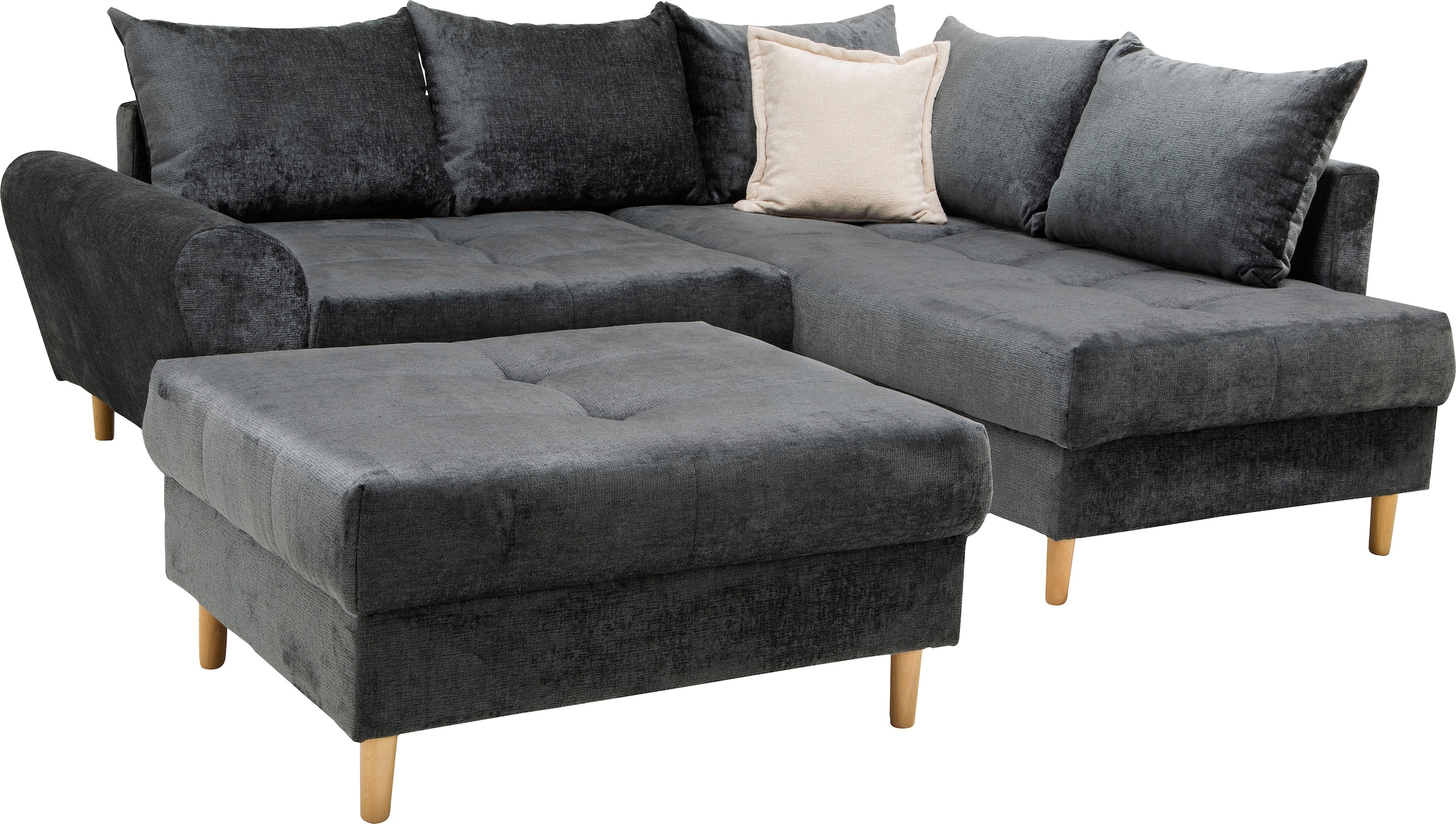 COLLECTION AB Ecksofa »Reims L-Form«, Ottomane beidseitig montierbar, inkl. Bettfunktion und Hocker