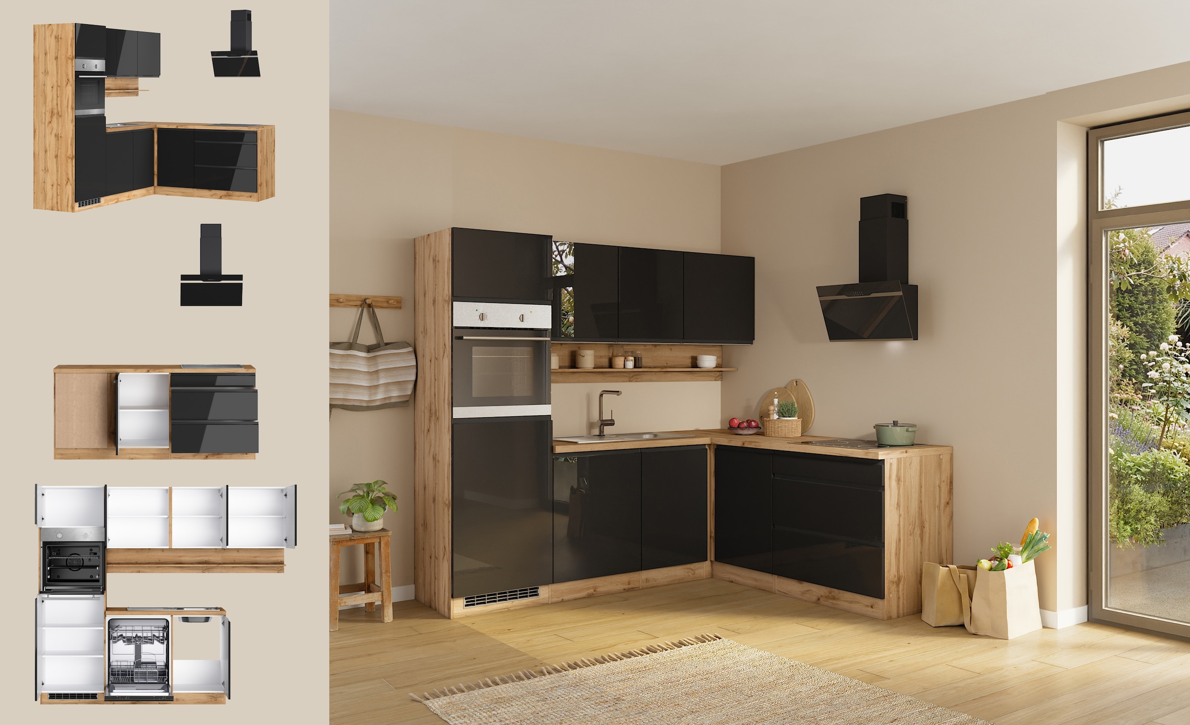 KOCHSTATION Winkelküche »KS-Virginia,neu in verbesserter Ausführung« Arbeitsplatte 38 mm stark, Stauraum, Softclose,  Stellbreite 230/190 cm, Soft-Close,wahlweise mit E-Geräten