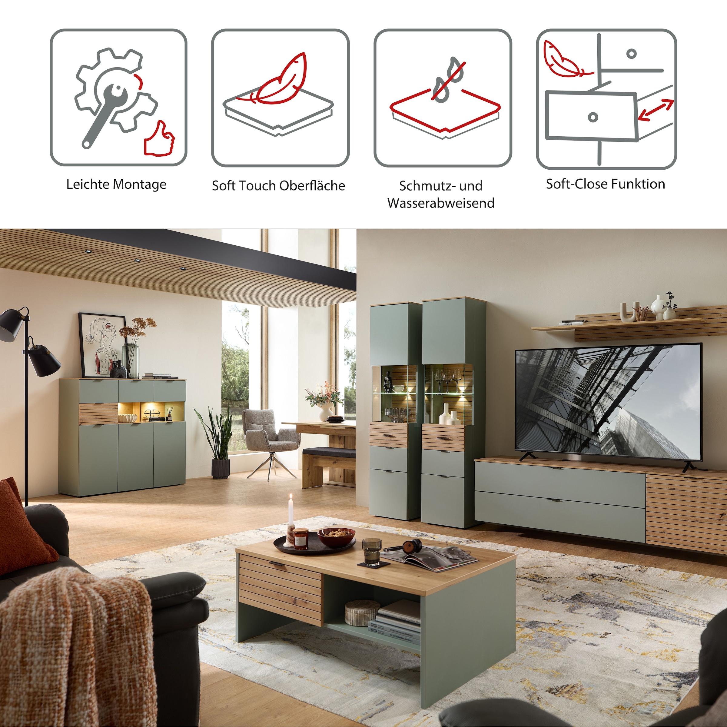 Innostyle Vitrine »INA Vitrine, 45 x 200 x 36 cm (B/H/T)« 1 Stk. tlg. L/R verwendbar, inkl. Beleuchtung, Softclose