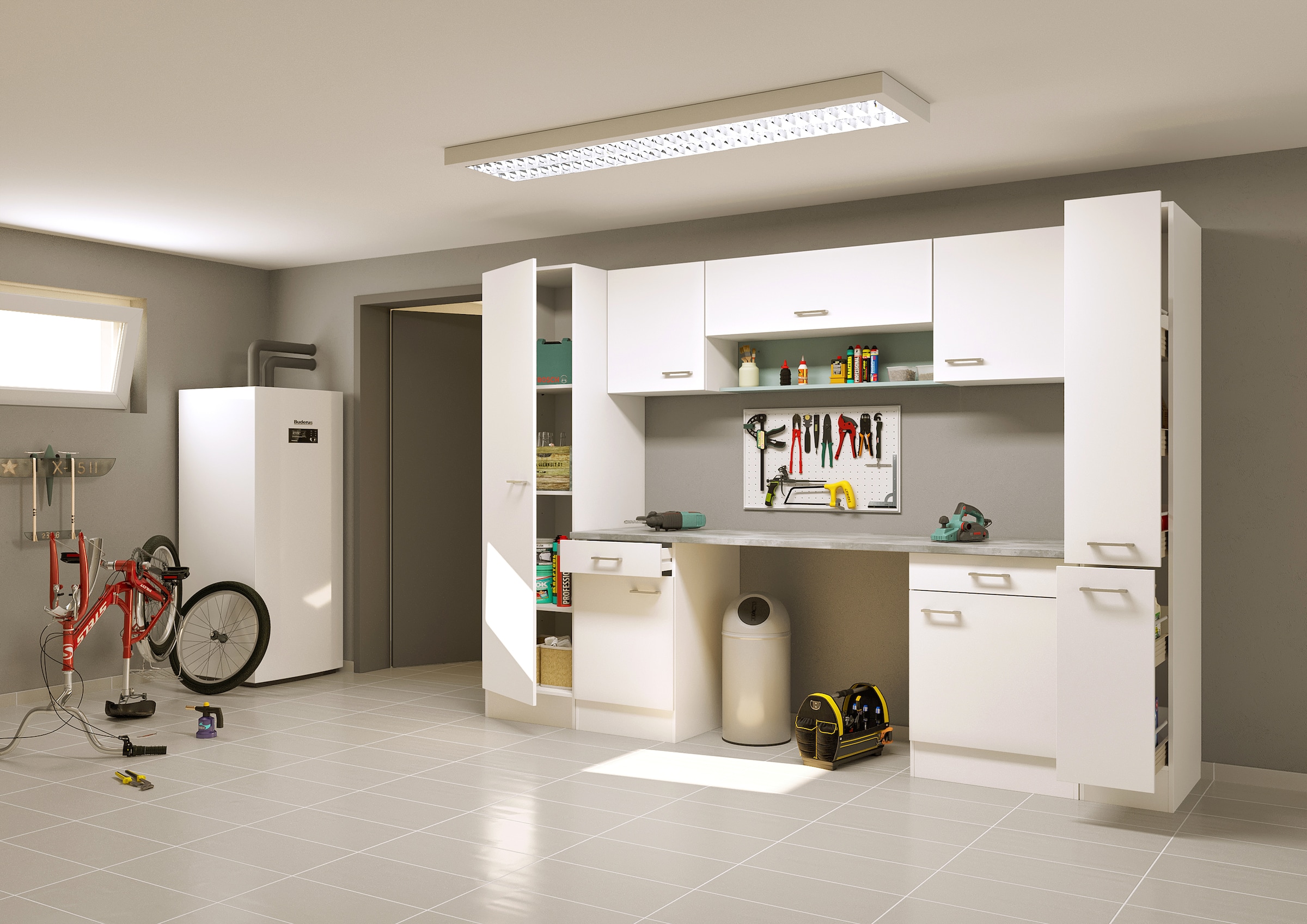 Flex-Well Mehrzweckschrank-Set »LUCCA, 9-teilig, Hauswirtschaft-, Hobby/Werkraum, Küche, Breite 290 cm« Komplett-Set, bestehend aus: 2x Unter-, 3x Ober- und 2x Hochschrank, Regal+APL, 9 Stk. tlg.