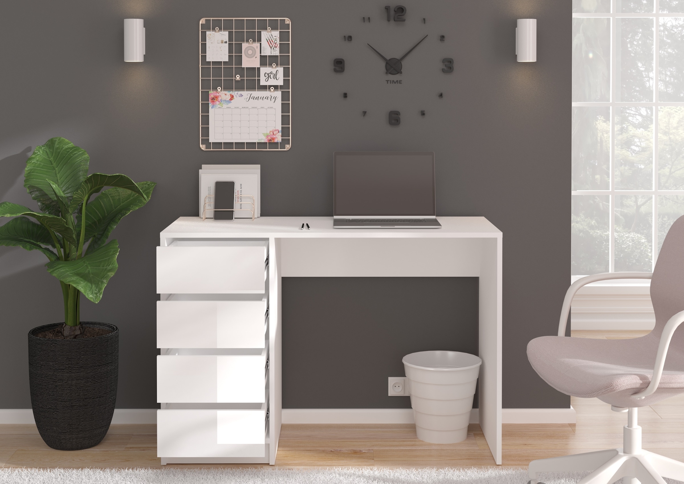 INOSIGN Schreibtisch »Pisa, Breite 110 cm, 4 Schubkästen, hochglanz Schubkastenfront«, grifflose Optik, individuell einsetzbar, Schminktisch, Homeoffice