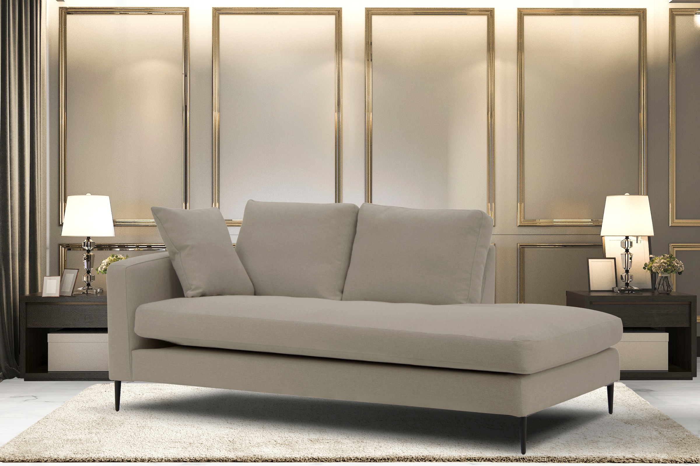 Leonique Recamiere »Cozy Chaiselongue, Maße B/T/H: 195/97/80 cm«, mit losen Kissen und Metallbeinen, Armlehne links oder rechts wählbar