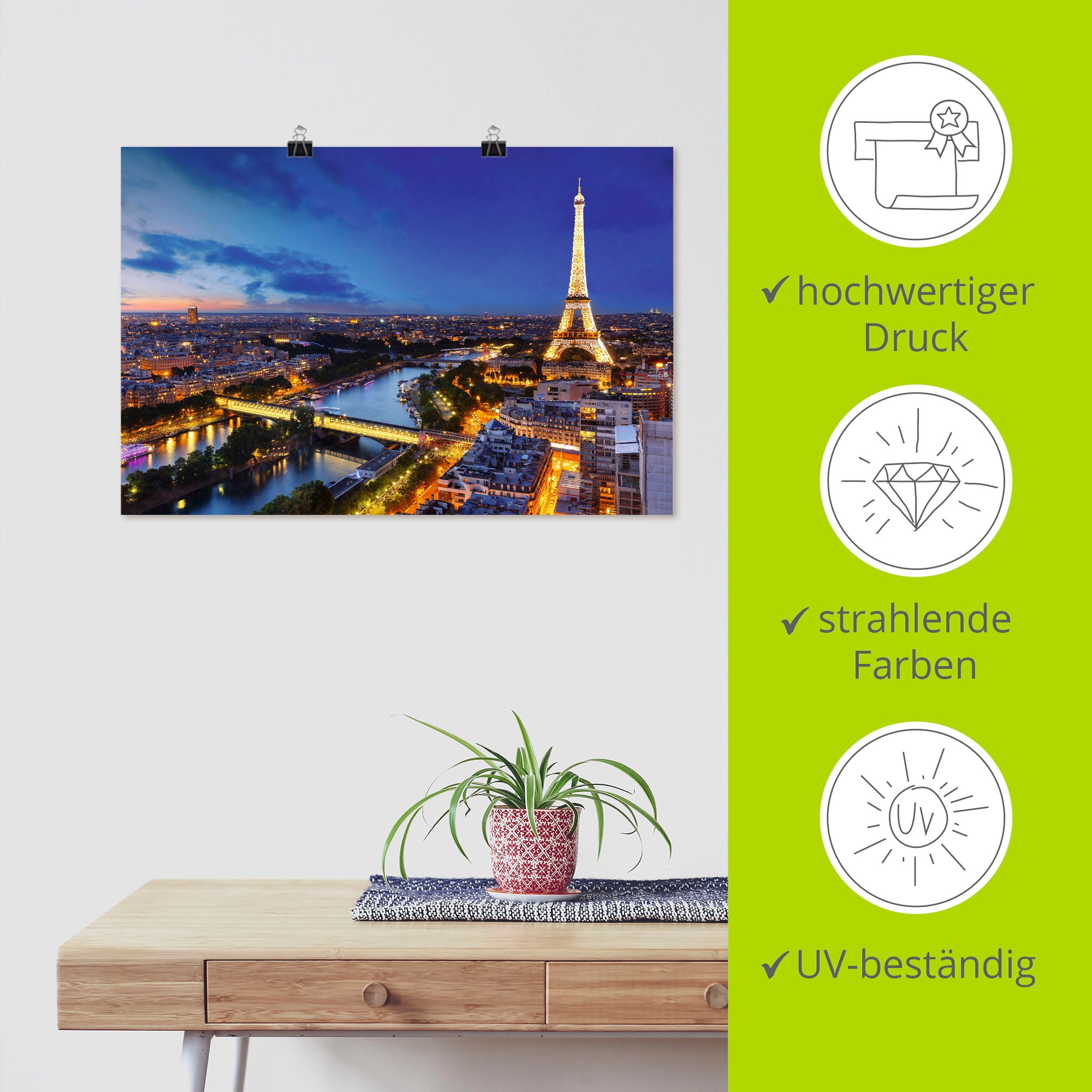 Artland Wandbild »Eiffelturm und Seine am Abend, Paris«, Paris, (1 St.), als Alubild, Outdoorbild, Leinwandbild, Poster, Wandaufkleber