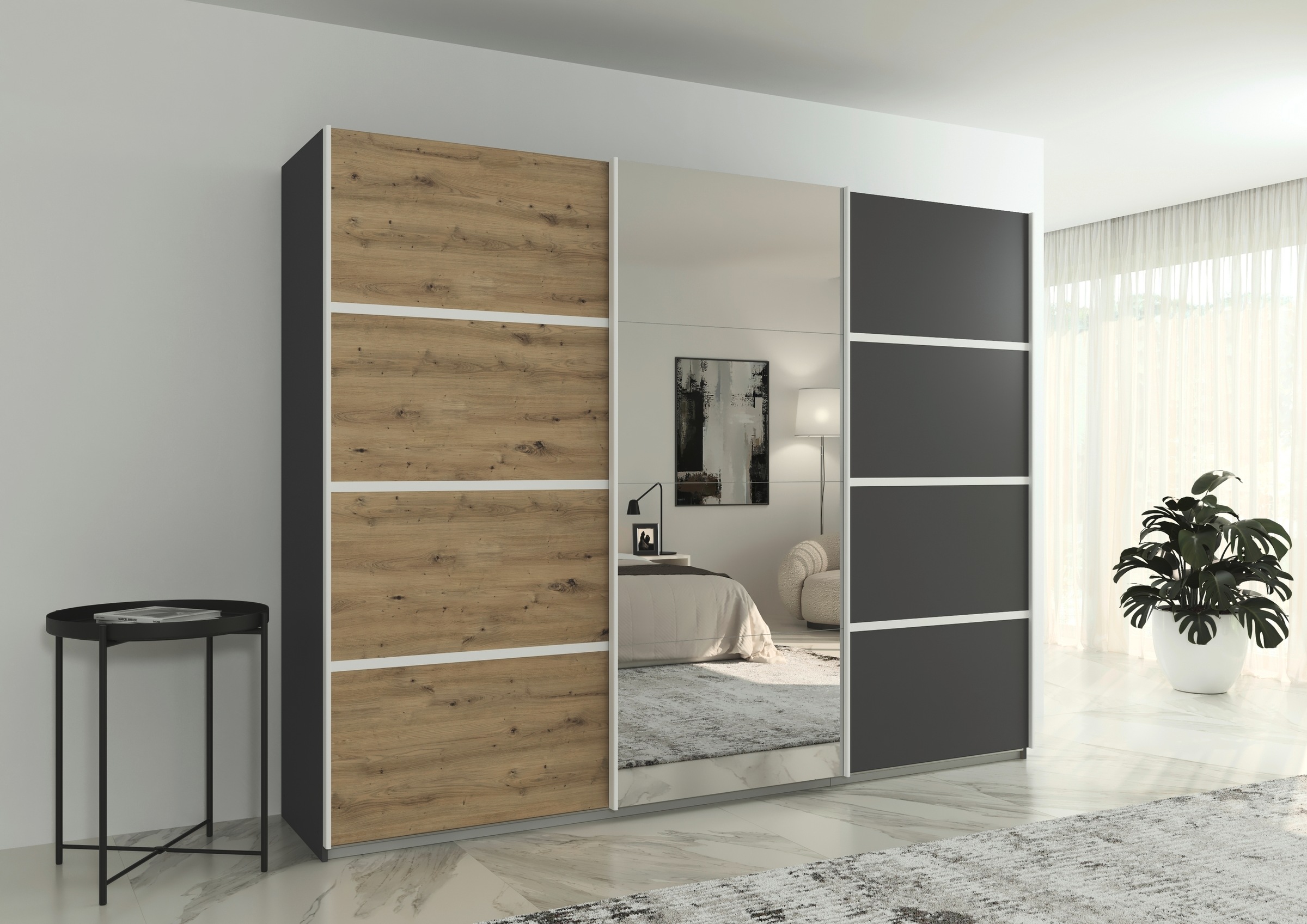 rauch Kleiderschrank »Schwebetürenschrank OTTO´s Choice Garderobe Schrank TOP ANGEBOT Avola«, (in 3 verschiedenen Ausstattungen BASIC/CLASSIC/PREMIUM inkl. Spiegel), mit eleganten Zierleisten in Chrom, Schwarz oder Weiß MADE IN GERMANY